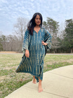 MALA handworks Bella Midi Kaftan in Green and Yellow Tie Dye with front Button