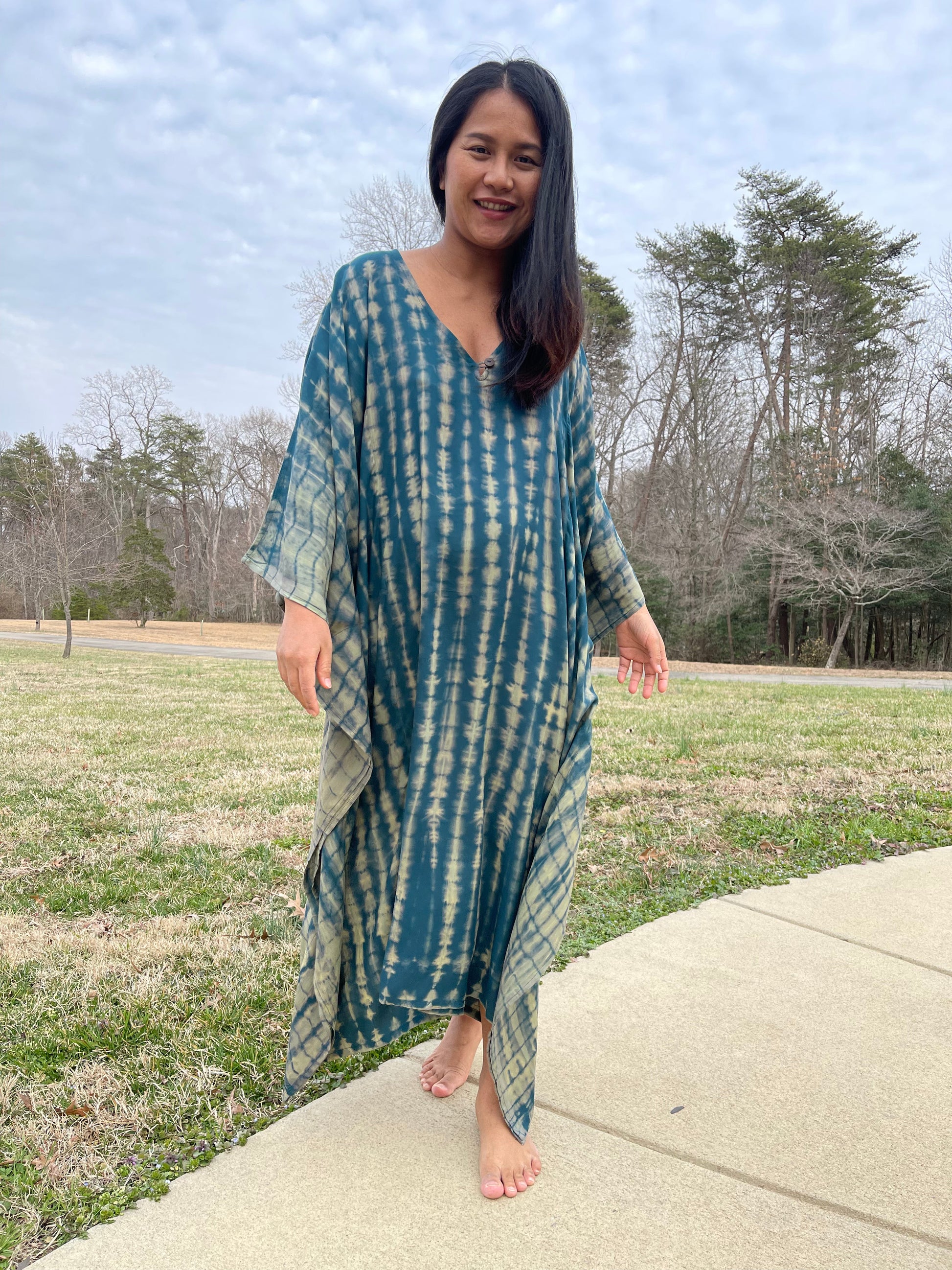 MALA handworks Bella Midi Kaftan in Green and Yellow Tie Dye with front Button