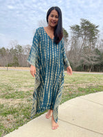 MALA handworks Bella Midi Kaftan in Green and Yellow Tie Dye with front Button