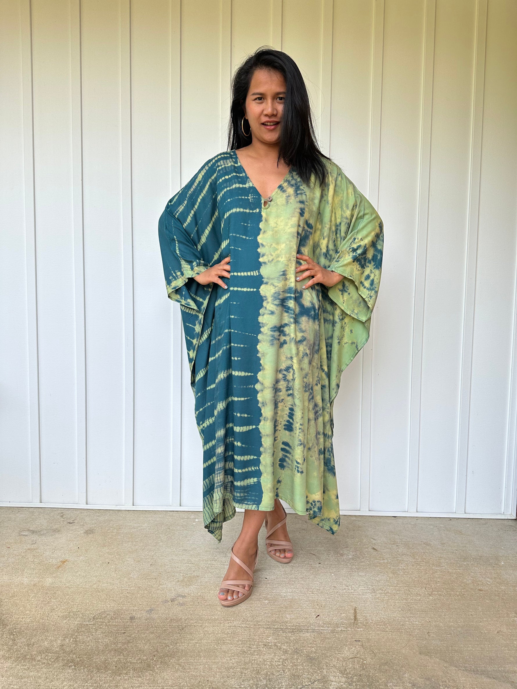 MALA handworks Bella Midi Kaftan in Green Tie Dye with front Button