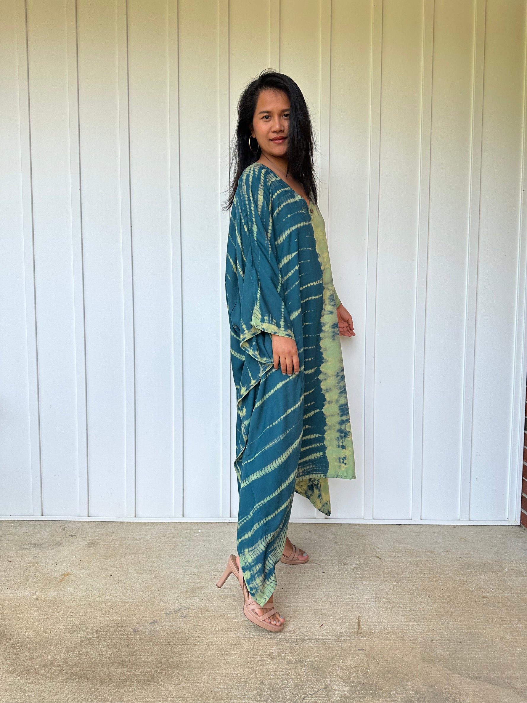 MALA handworks Bella Midi Kaftan in Green Tie Dye with front Button