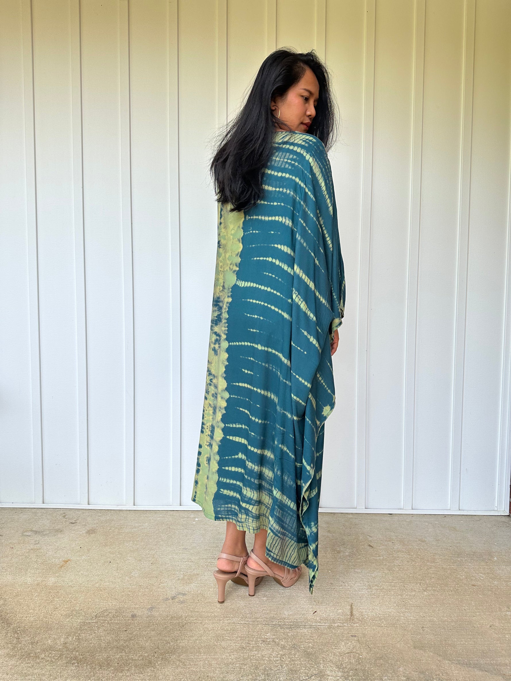 MALA handworks Bella Midi Kaftan in Green Tie Dye with front Button