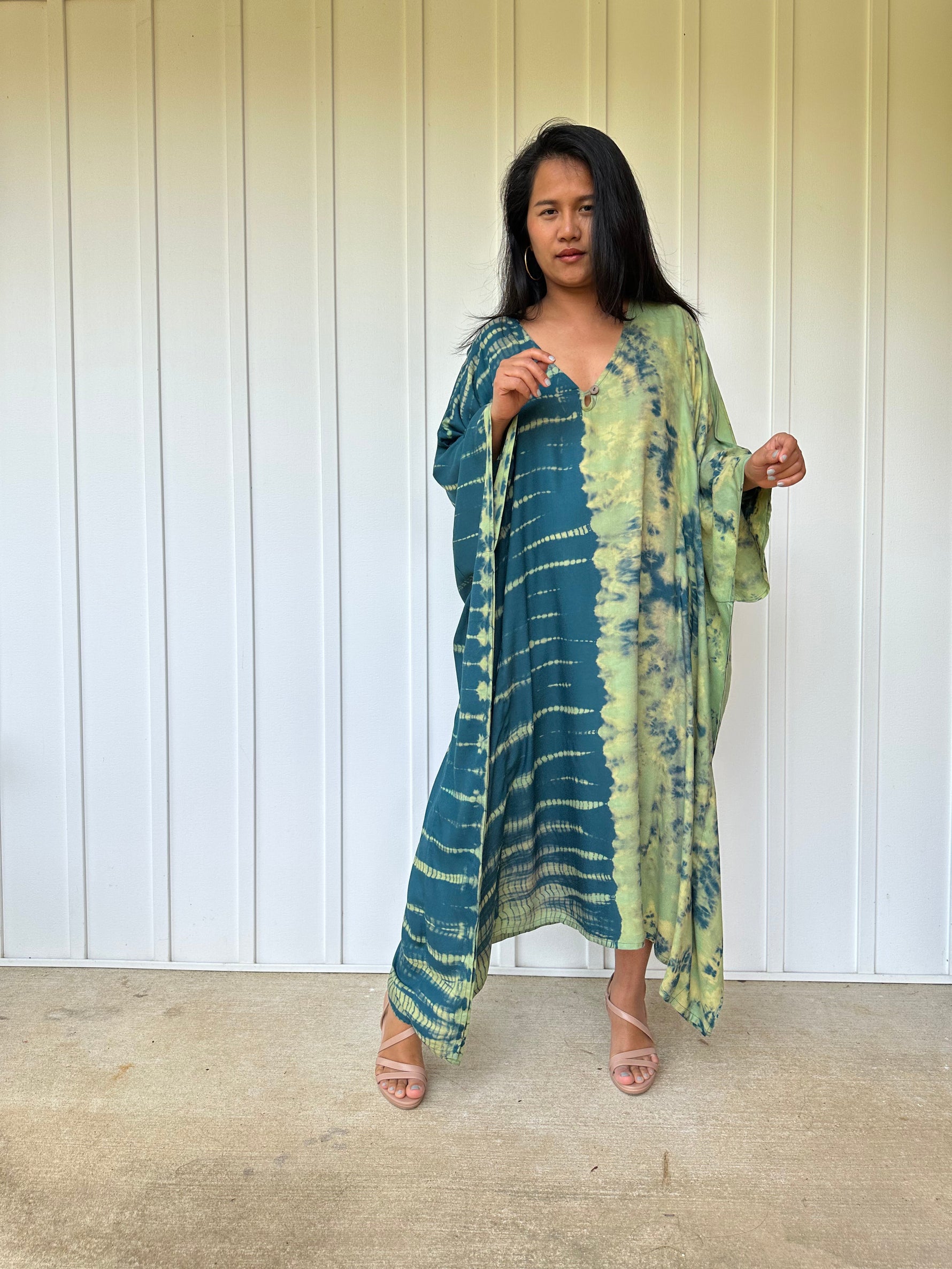 MALA handworks Bella Midi Kaftan in Green Tie Dye with front Button