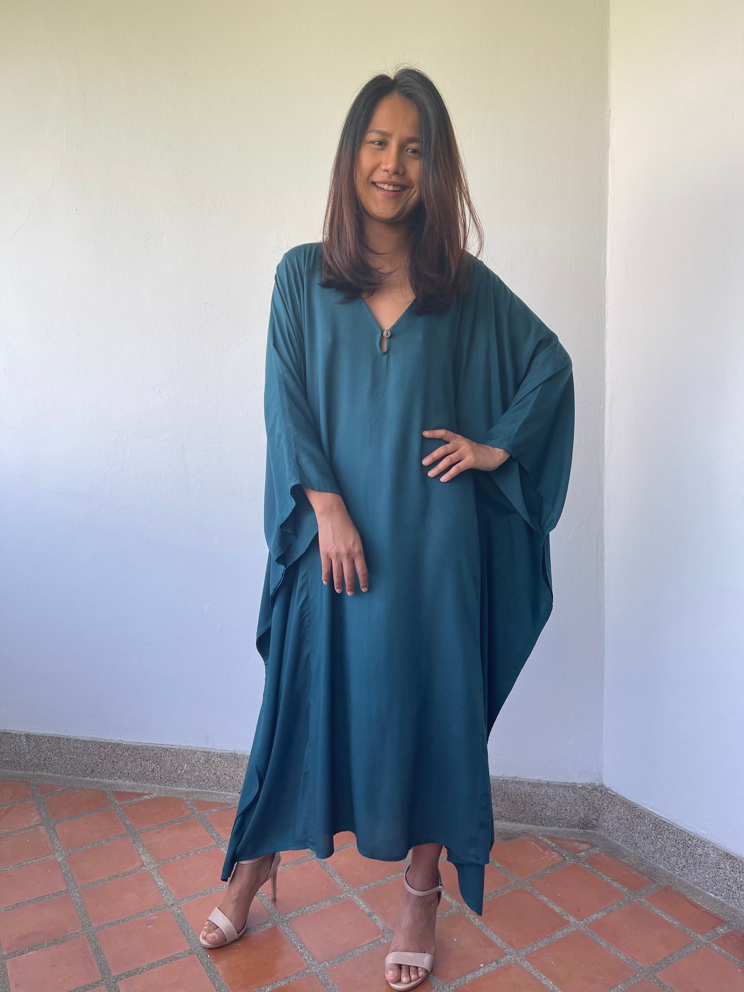 MALA handworks Bella Midi Kaftan in Teal Blue with front Button