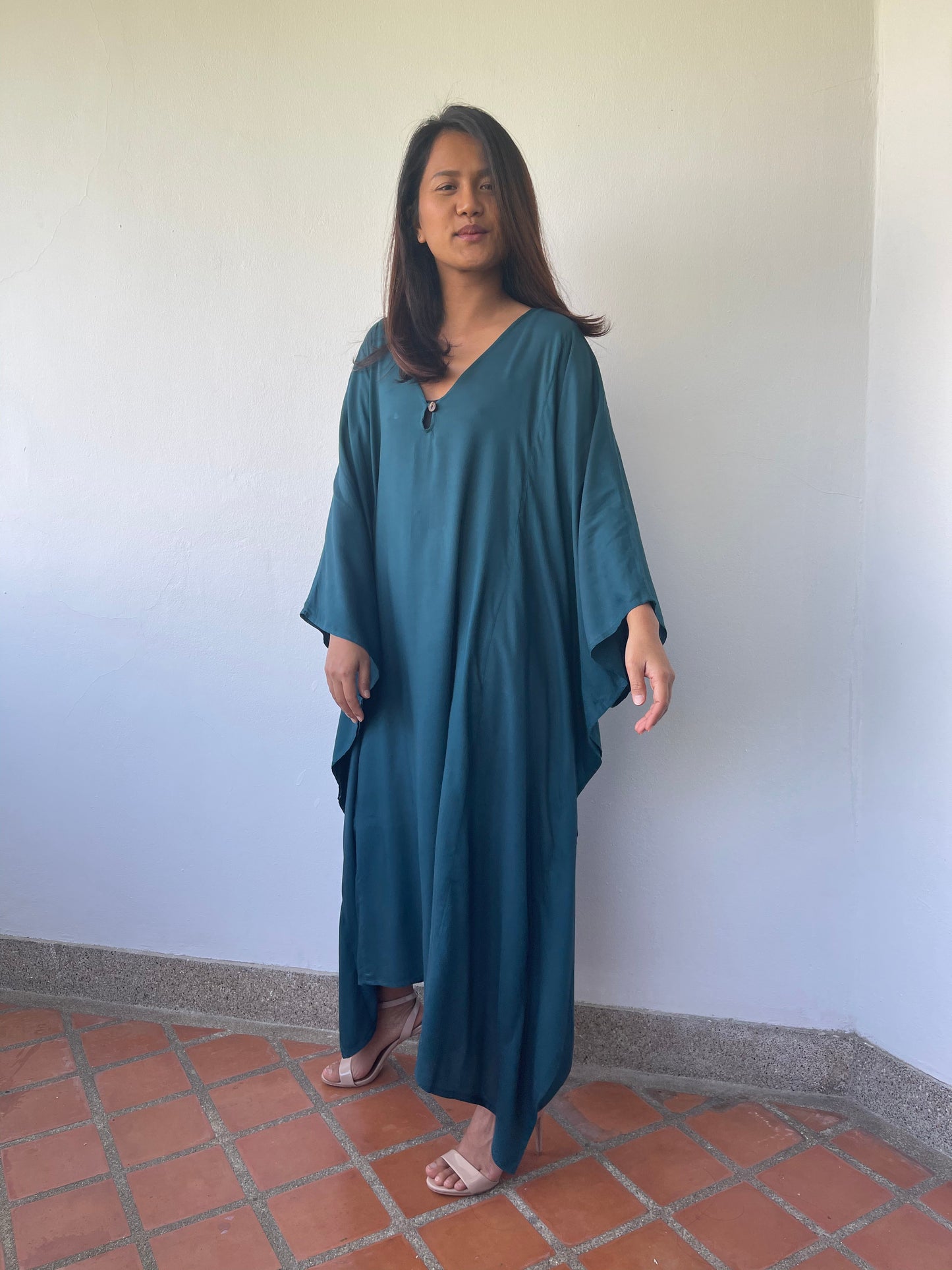 MALA handworks Bella Midi Kaftan in Teal Blue with front Button