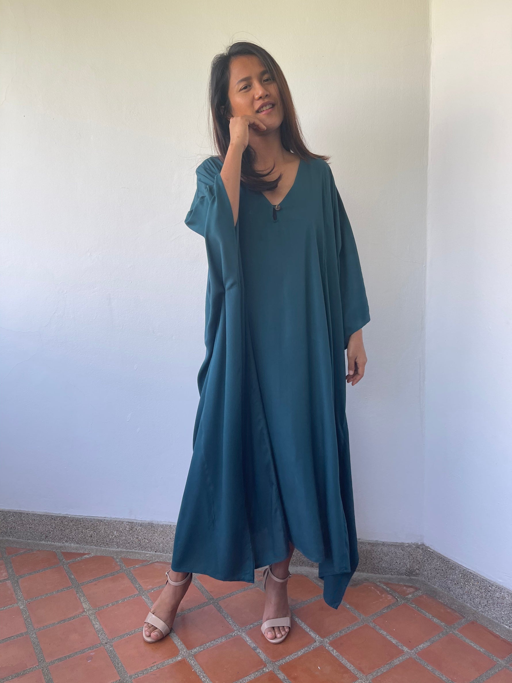 MALA handworks Bella Midi Kaftan in Teal Blue with front Button