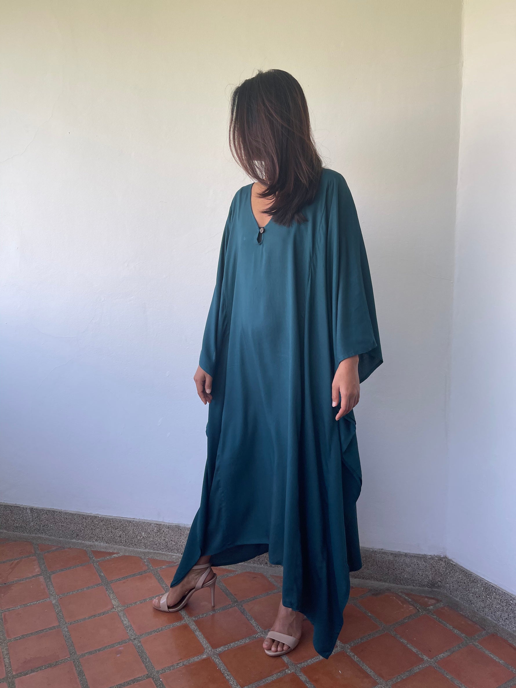 MALA handworks Bella Midi Kaftan in Teal Blue with front Button