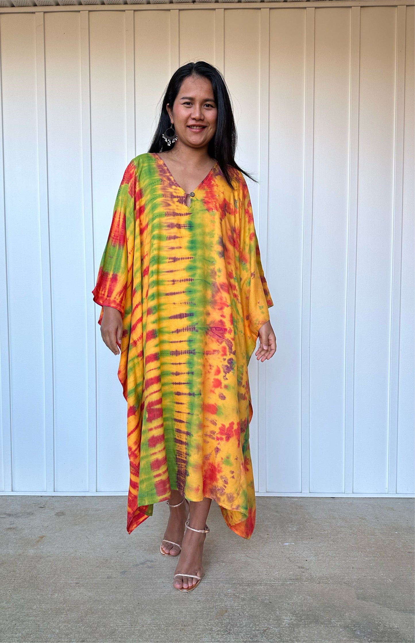 MALA handworks Bella Midi Kaftan in Yellow and Rainbow Tie Dye with front Button
