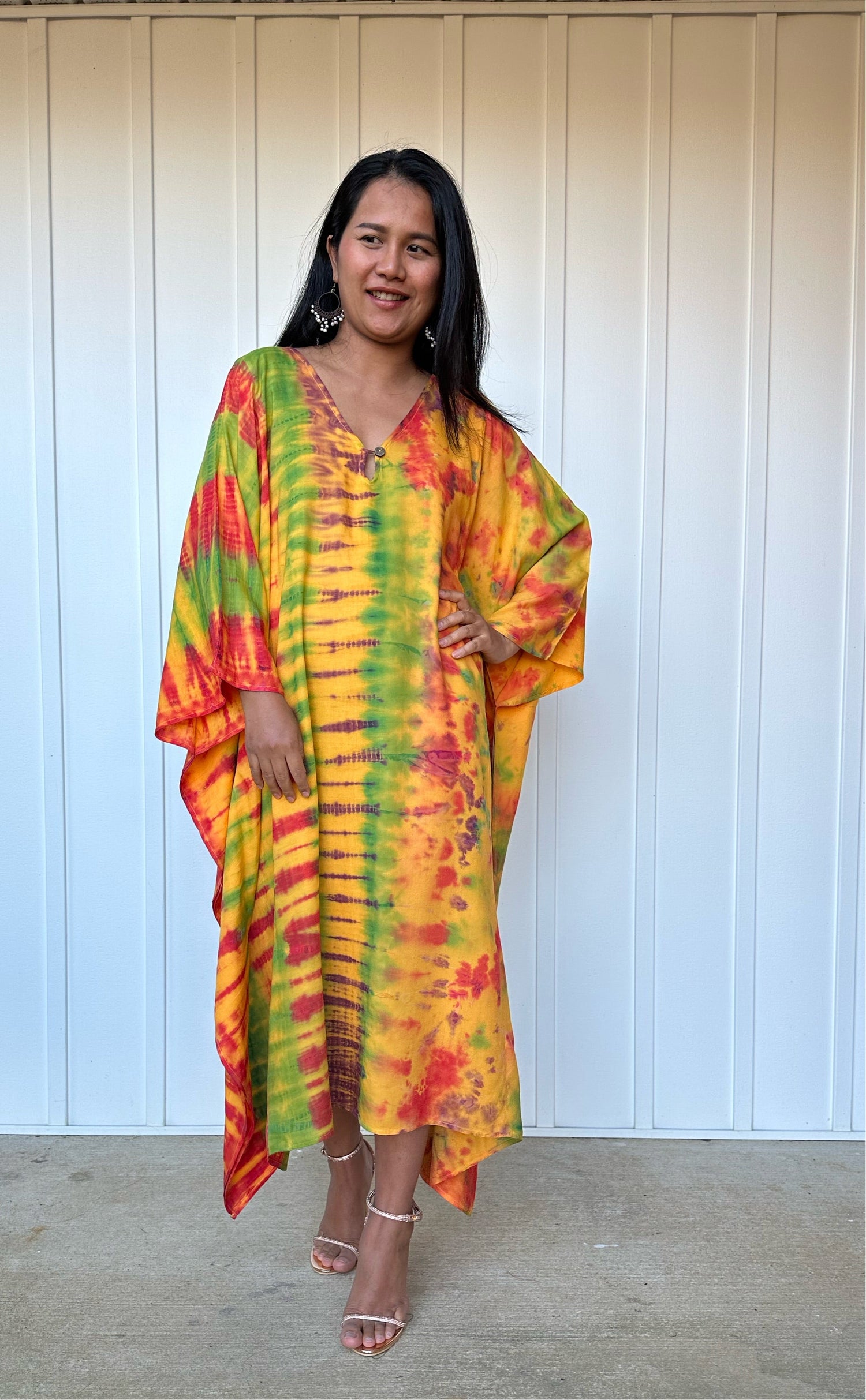 MALA handworks Bella Midi Kaftan in Yellow and Rainbow Tie Dye with front Button