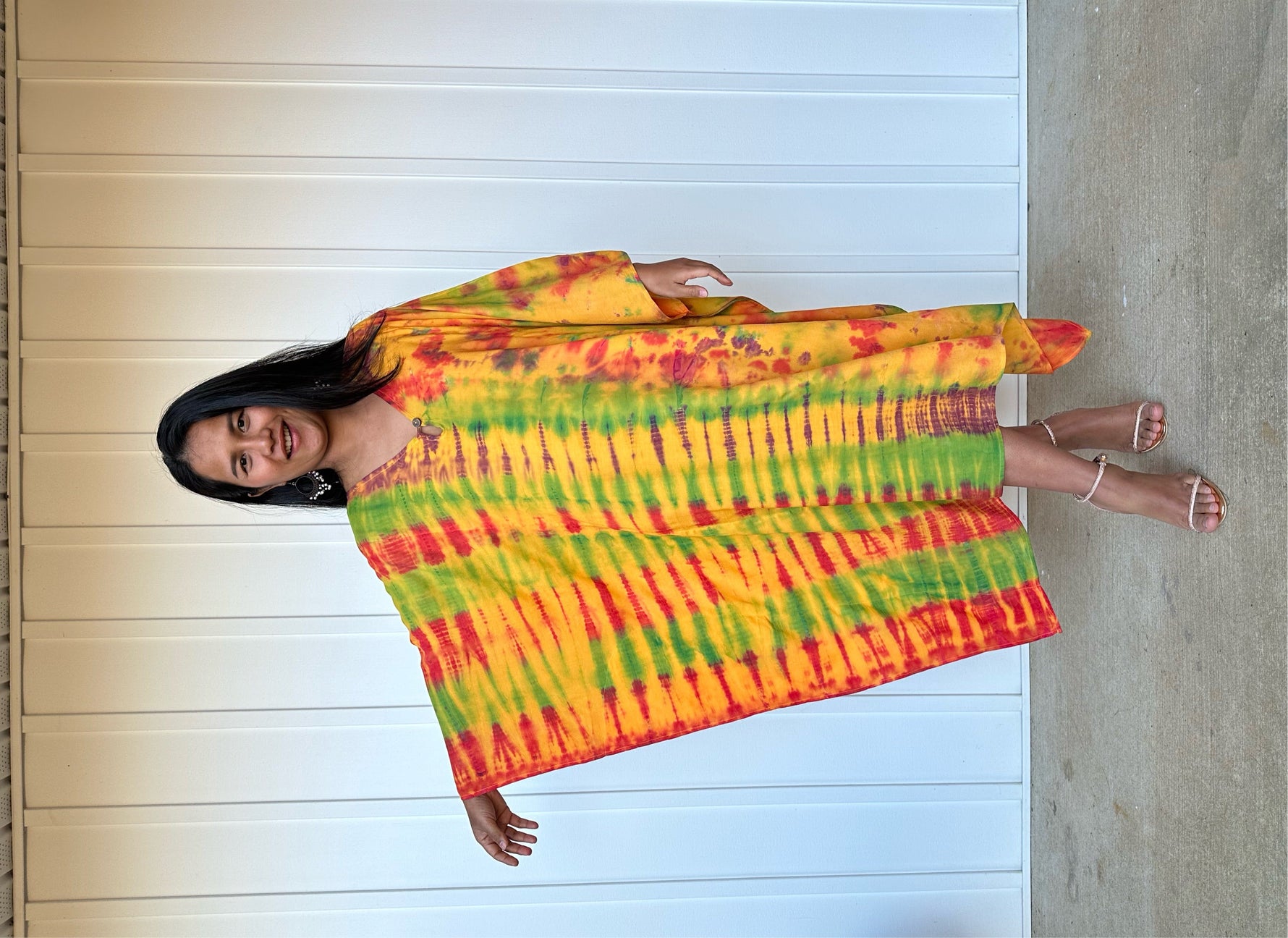 MALA handworks Bella Midi Kaftan in Yellow and Rainbow Tie Dye with front Button