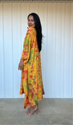 MALA handworks Bella Midi Kaftan in Yellow and Rainbow Tie Dye with front Button