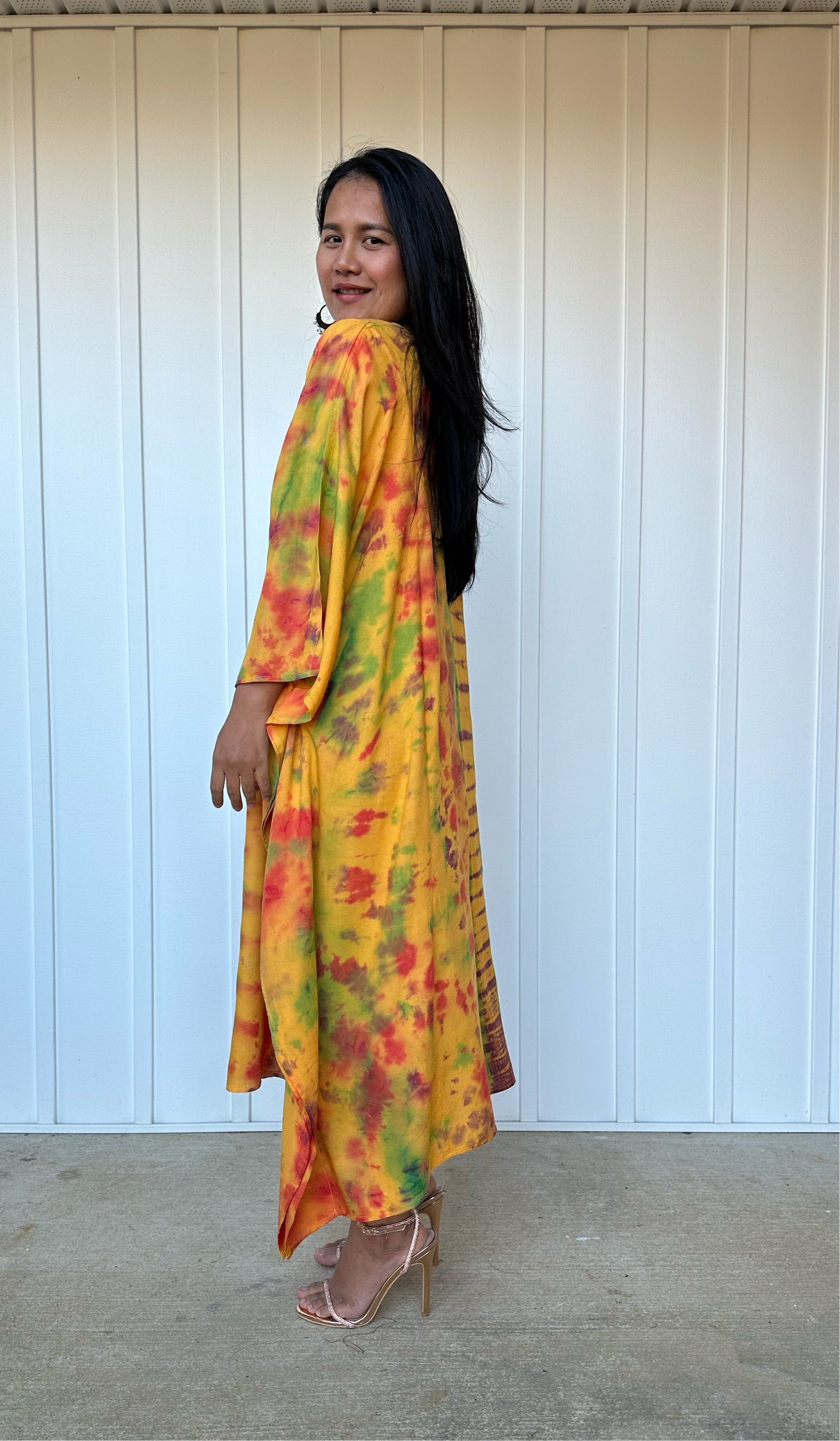 MALA handworks Bella Midi Kaftan in Yellow and Rainbow Tie Dye with front Button
