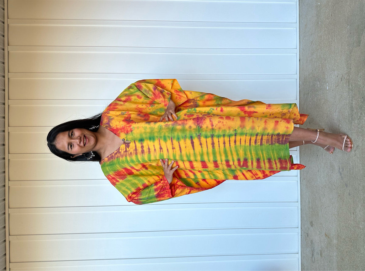 MALA handworks Bella Midi Kaftan in Yellow and Rainbow Tie Dye with front Button