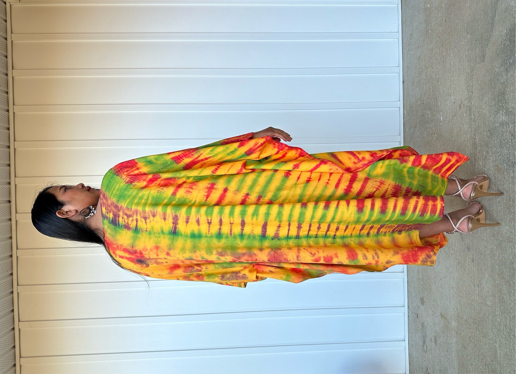 MALA handworks Bella Midi Kaftan in Yellow and Rainbow Tie Dye with front Button