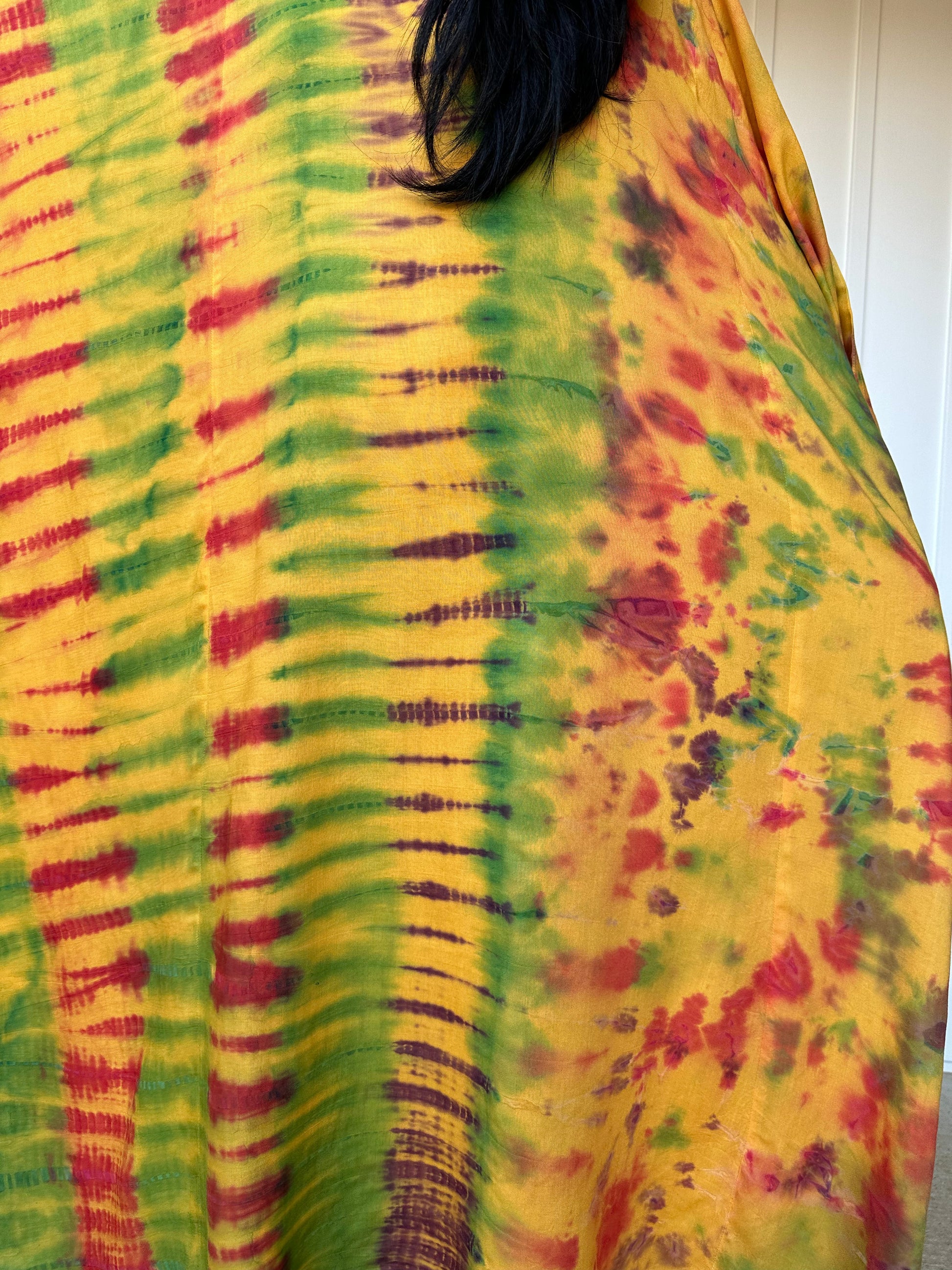 MALA handworks Bella Midi Kaftan in Yellow and Rainbow Tie Dye with front Button