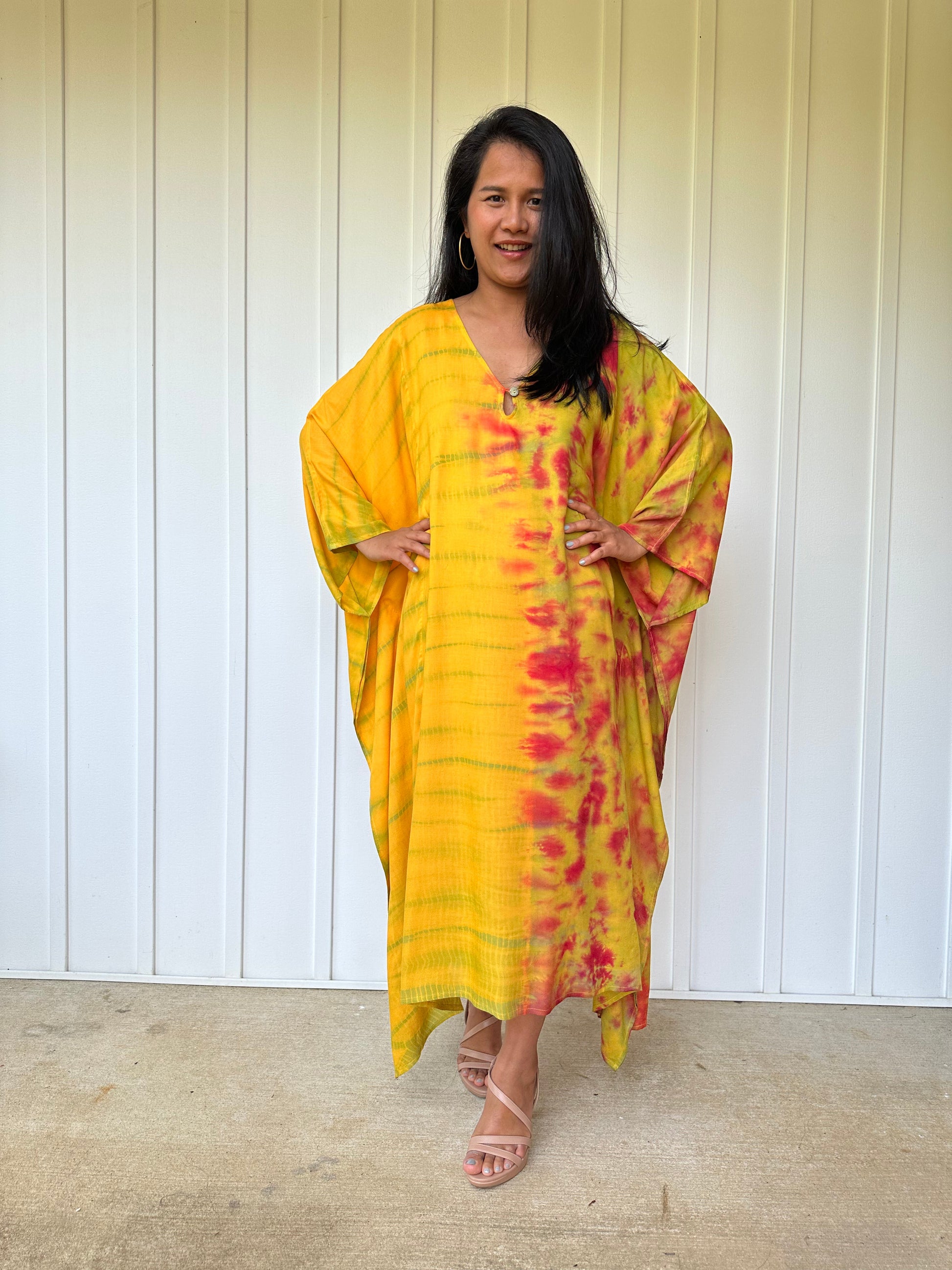MALA handworks Bella Midi Kaftan in Yellow and Rainbow Tie Dye with Front Button