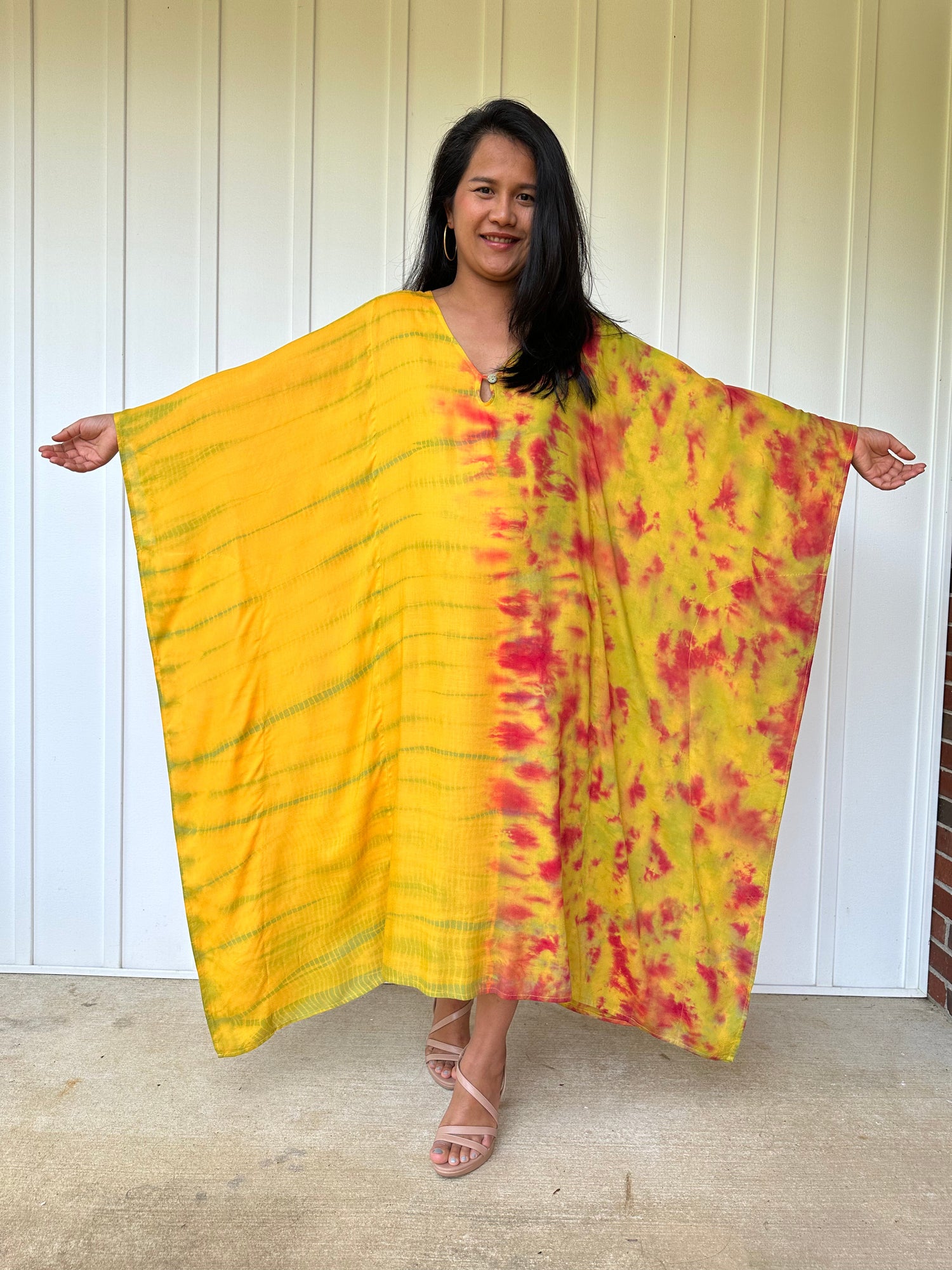 MALA handworks Bella Midi Kaftan in Yellow and Rainbow Tie Dye with Front Button