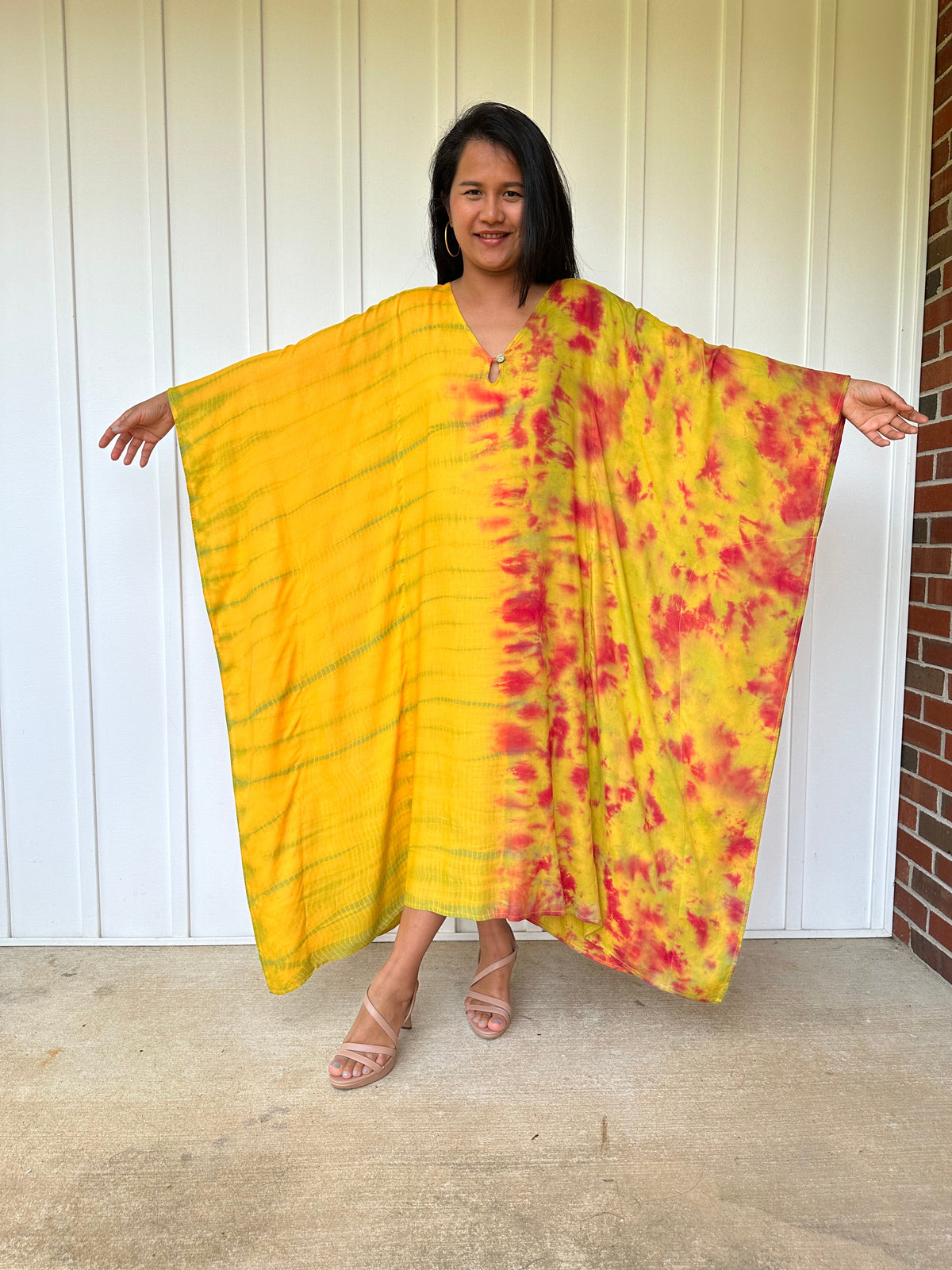 MALA handworks Bella Midi Kaftan in Yellow and Rainbow Tie Dye with Front Button