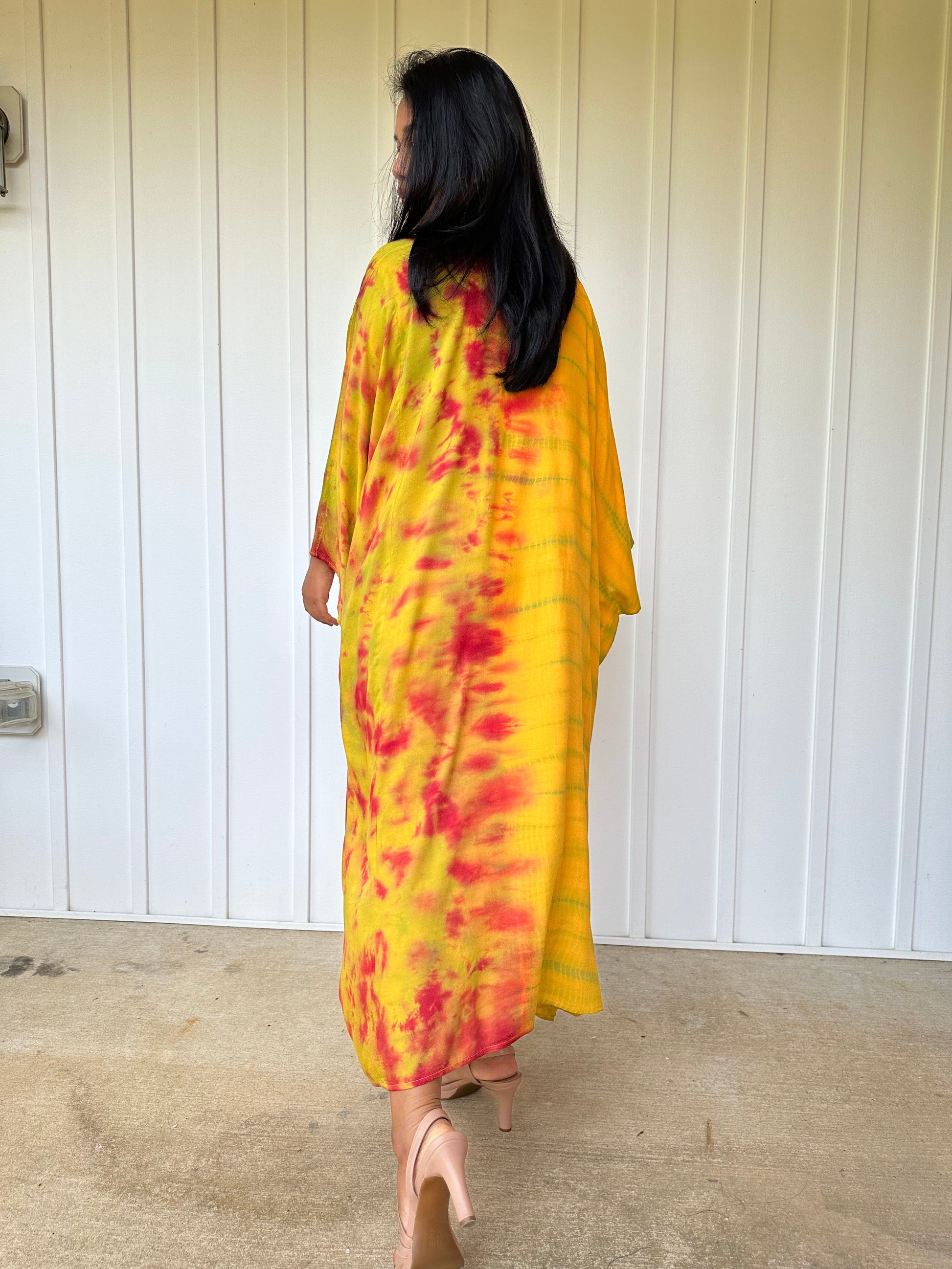 MALA handworks Bella Midi Kaftan in Yellow and Rainbow Tie Dye with Front Button