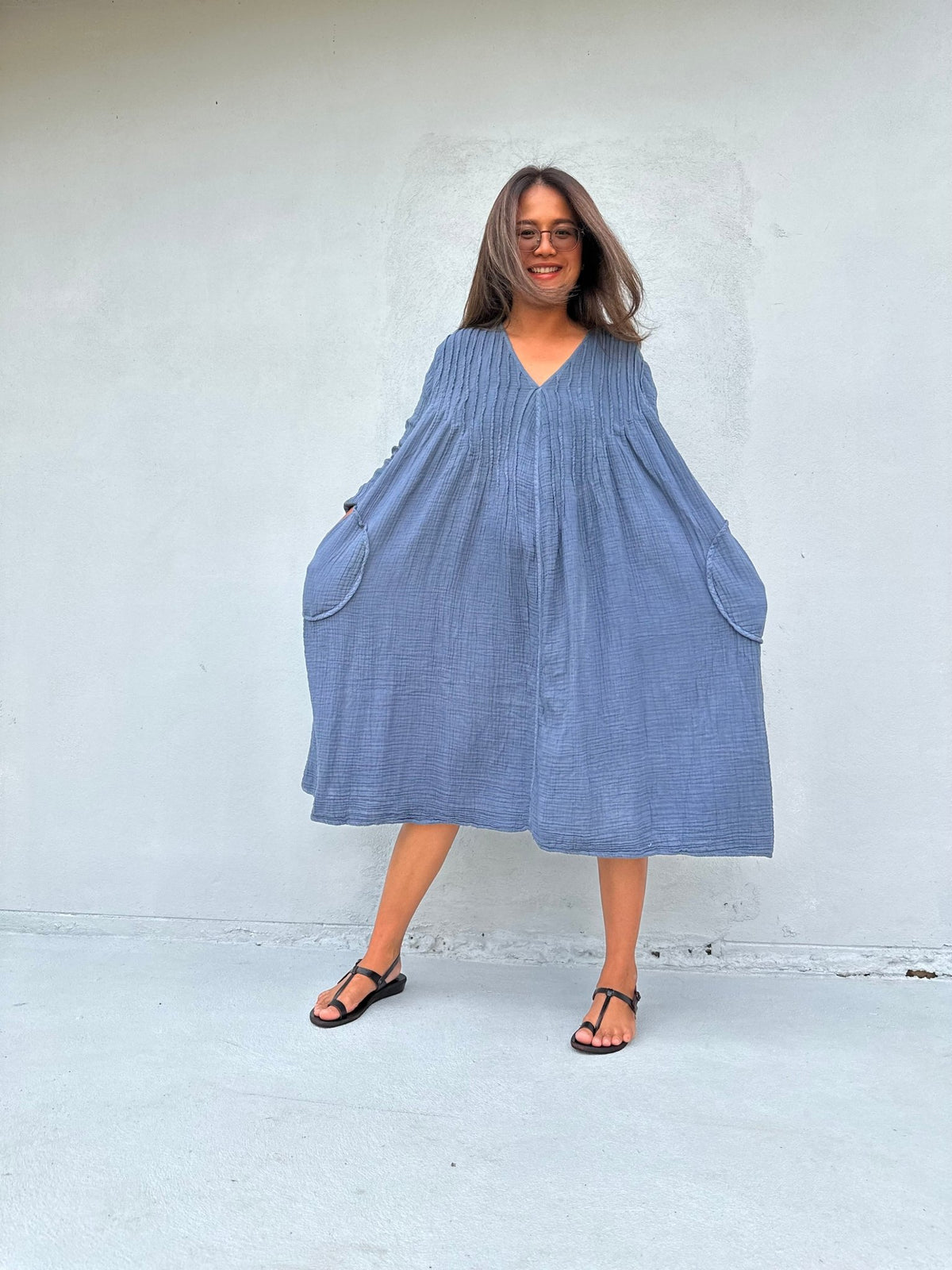Mala Handworks Bree Double Gauze Cotton Dress in Blueberry