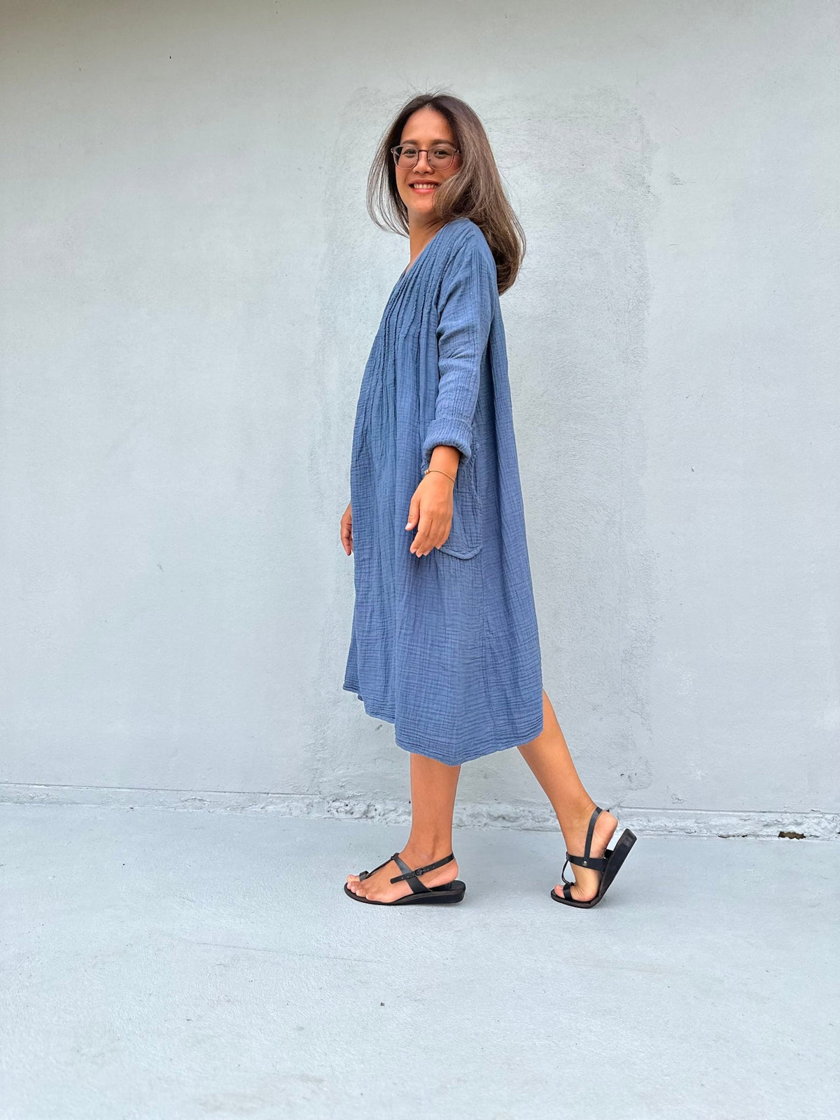 Mala Handworks Bree Double Gauze Cotton Dress in Blueberry