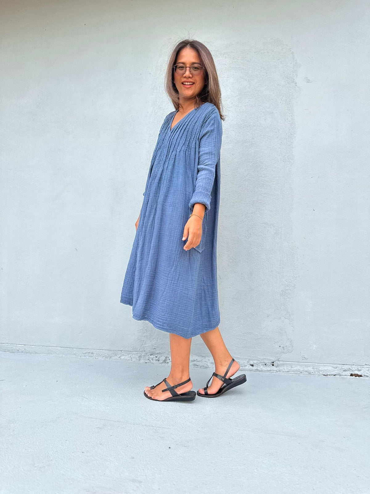 Mala Handworks Bree Double Gauze Cotton Dress in Blueberry