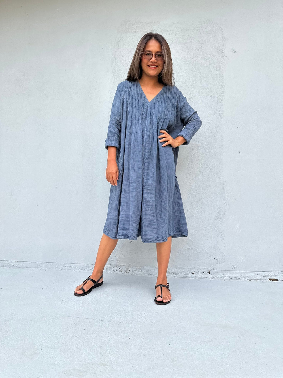 Mala Handworks Bree Double Gauze Cotton Dress in Blueberry