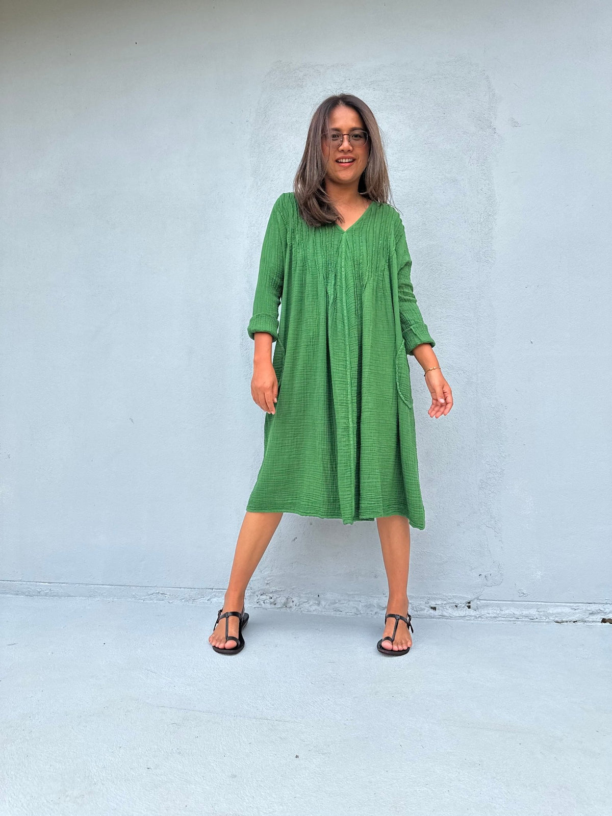 Mala Handworks Bree Double Gauze Cotton Dress in Jade