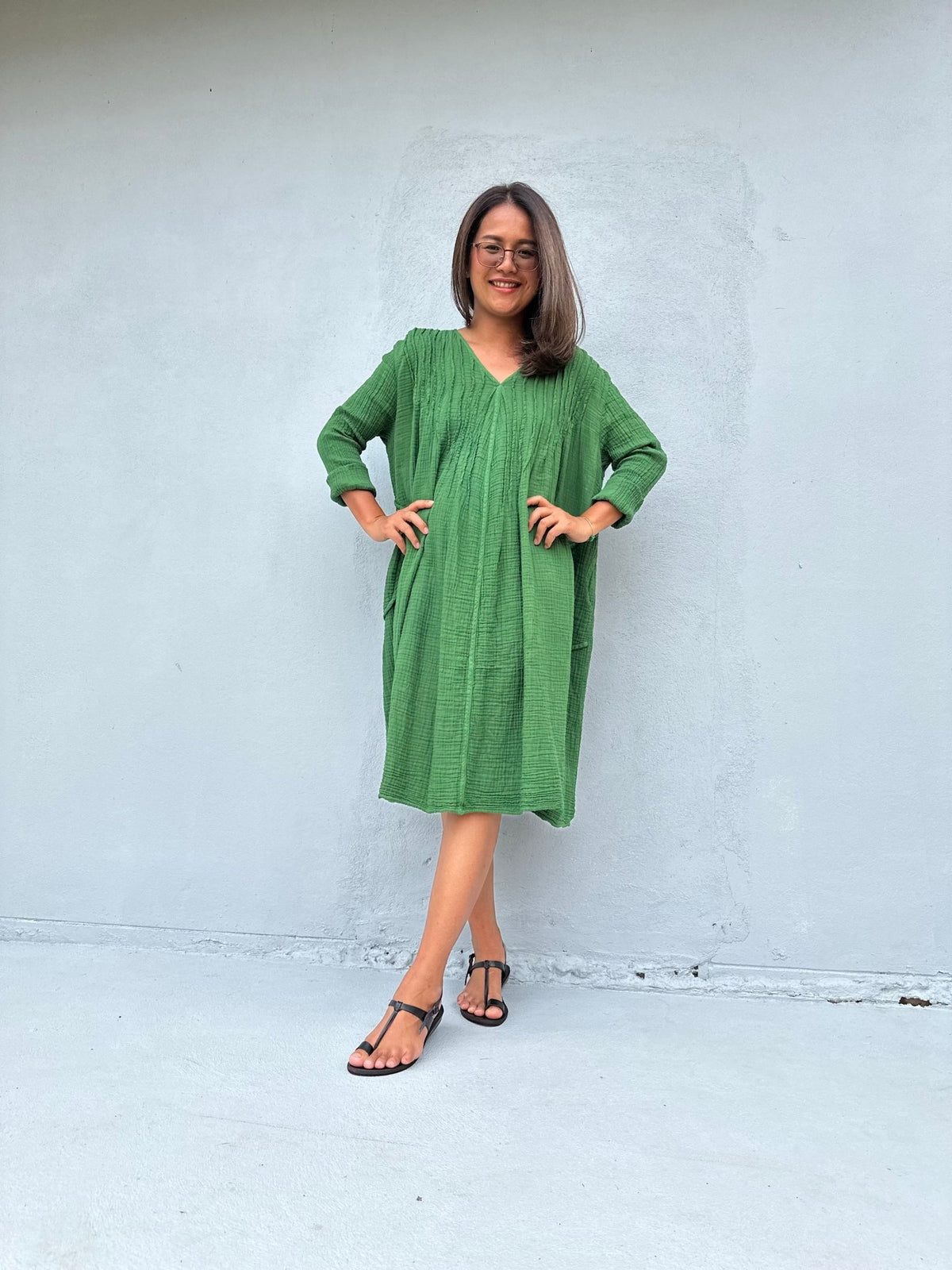 Mala Handworks Bree Double Gauze Cotton Dress in Jade