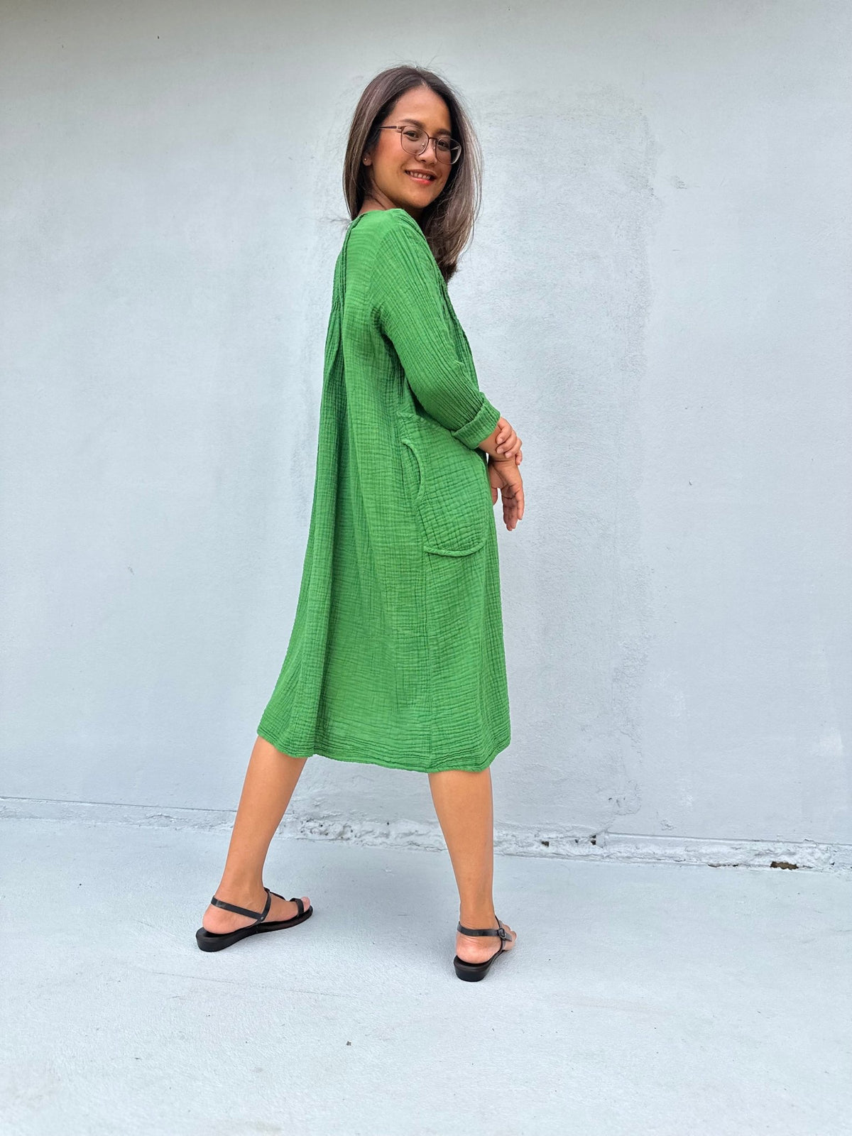Mala Handworks Bree Double Gauze Cotton Dress in Jade