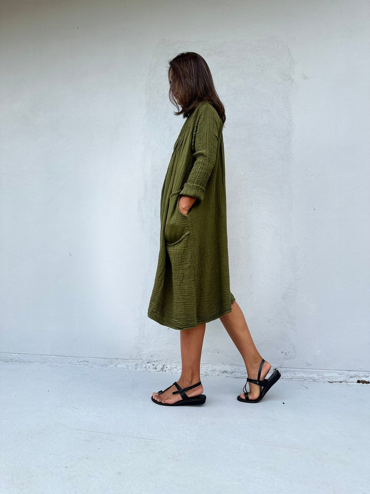 Mala Handworks Bree Double Gauze Cotton Dress in Moss Green