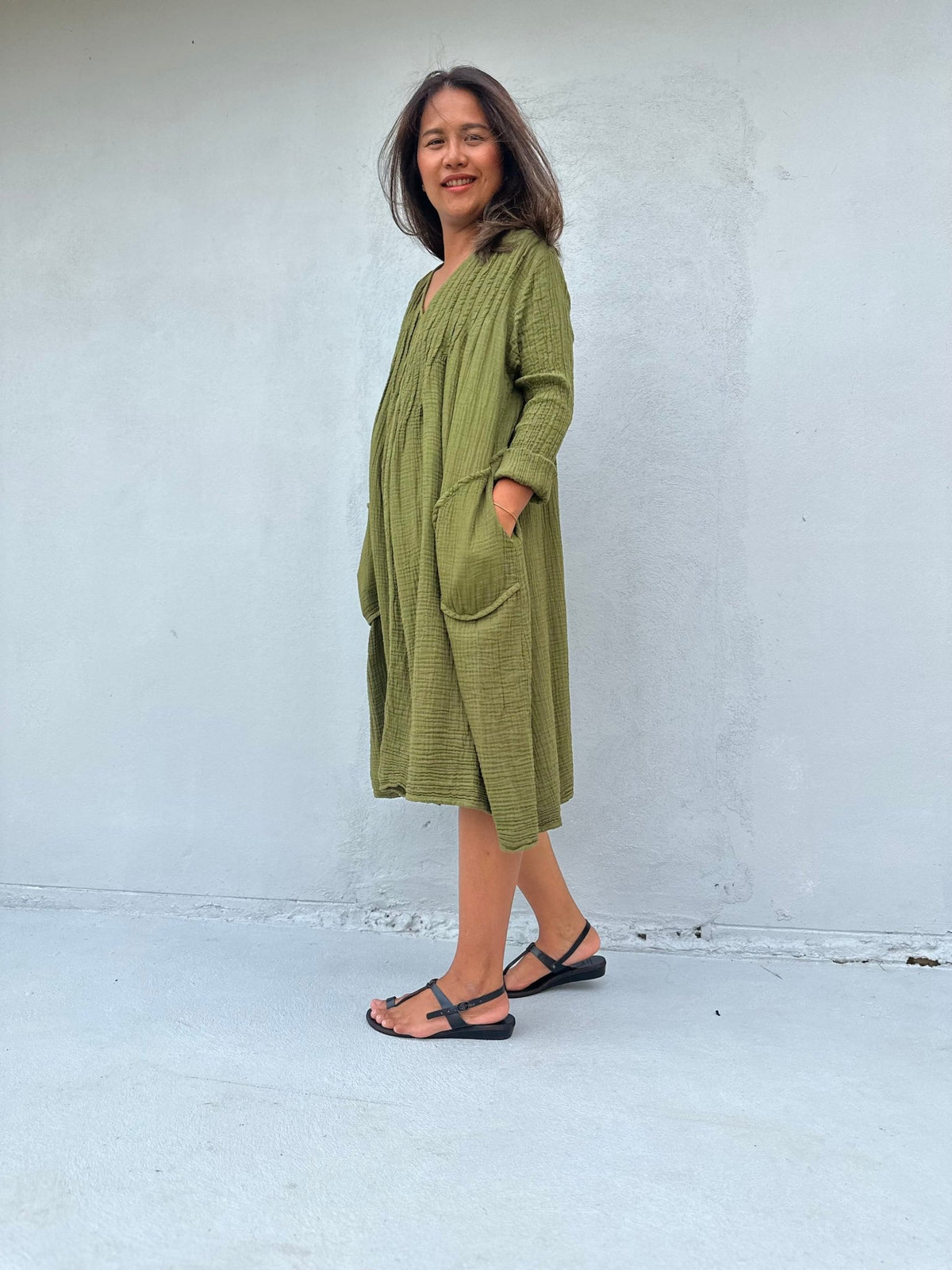 Mala Handworks Bree Double Gauze Cotton Dress in Moss Green