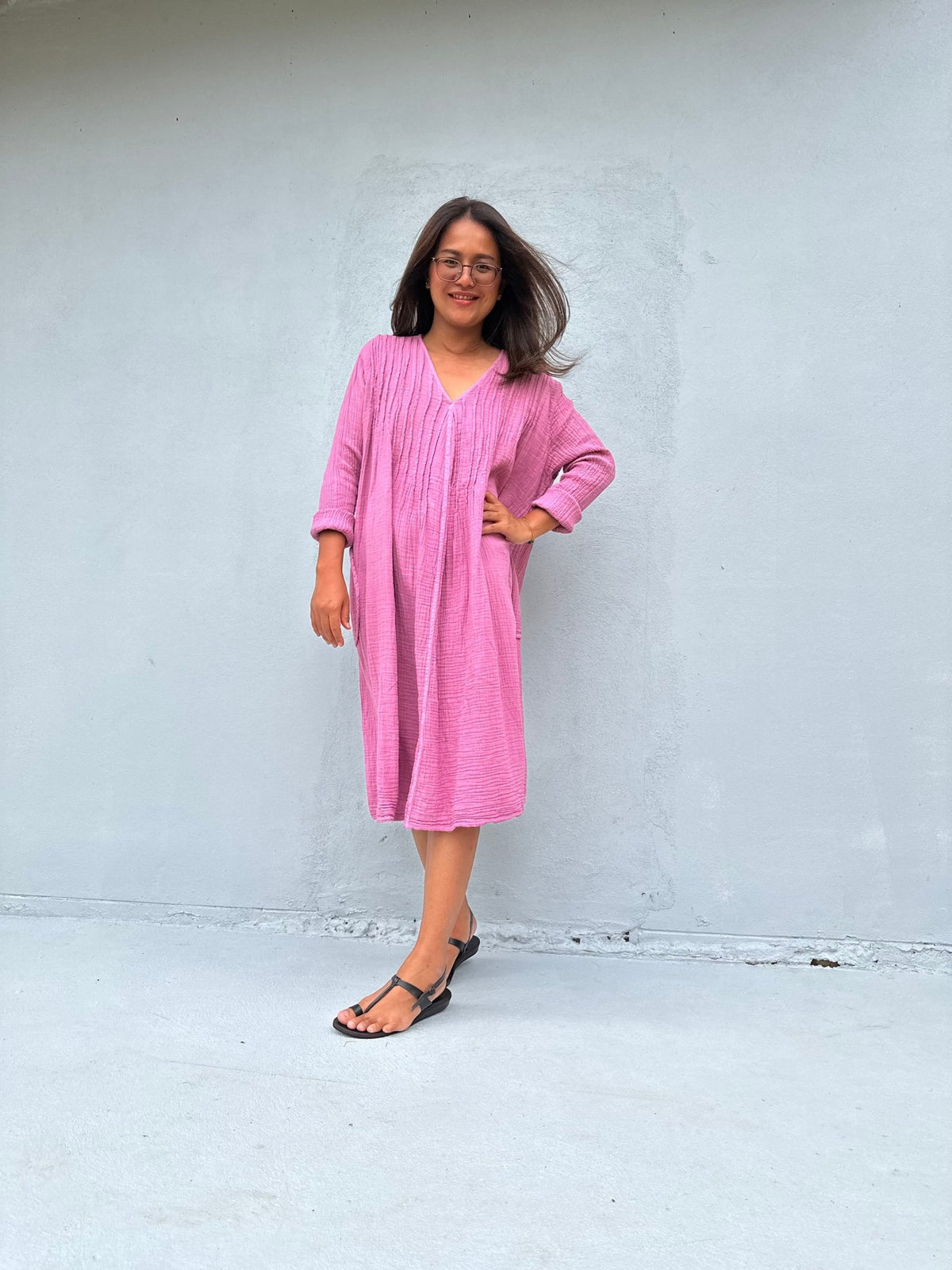 Mala Handworks Bree Double Gauze Cotton Dress in Pink