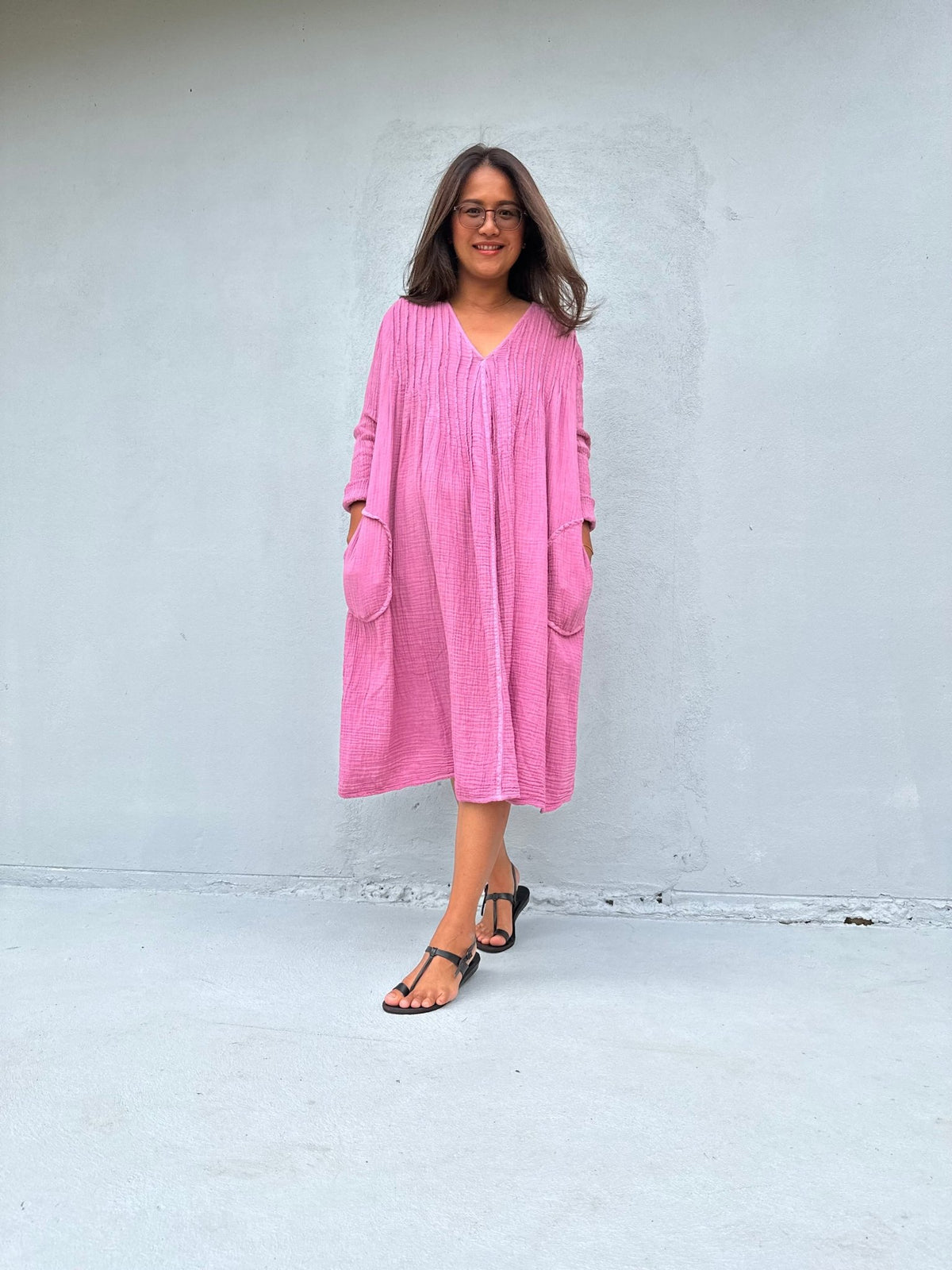 Mala Handworks Bree Double Gauze Cotton Dress in Pink