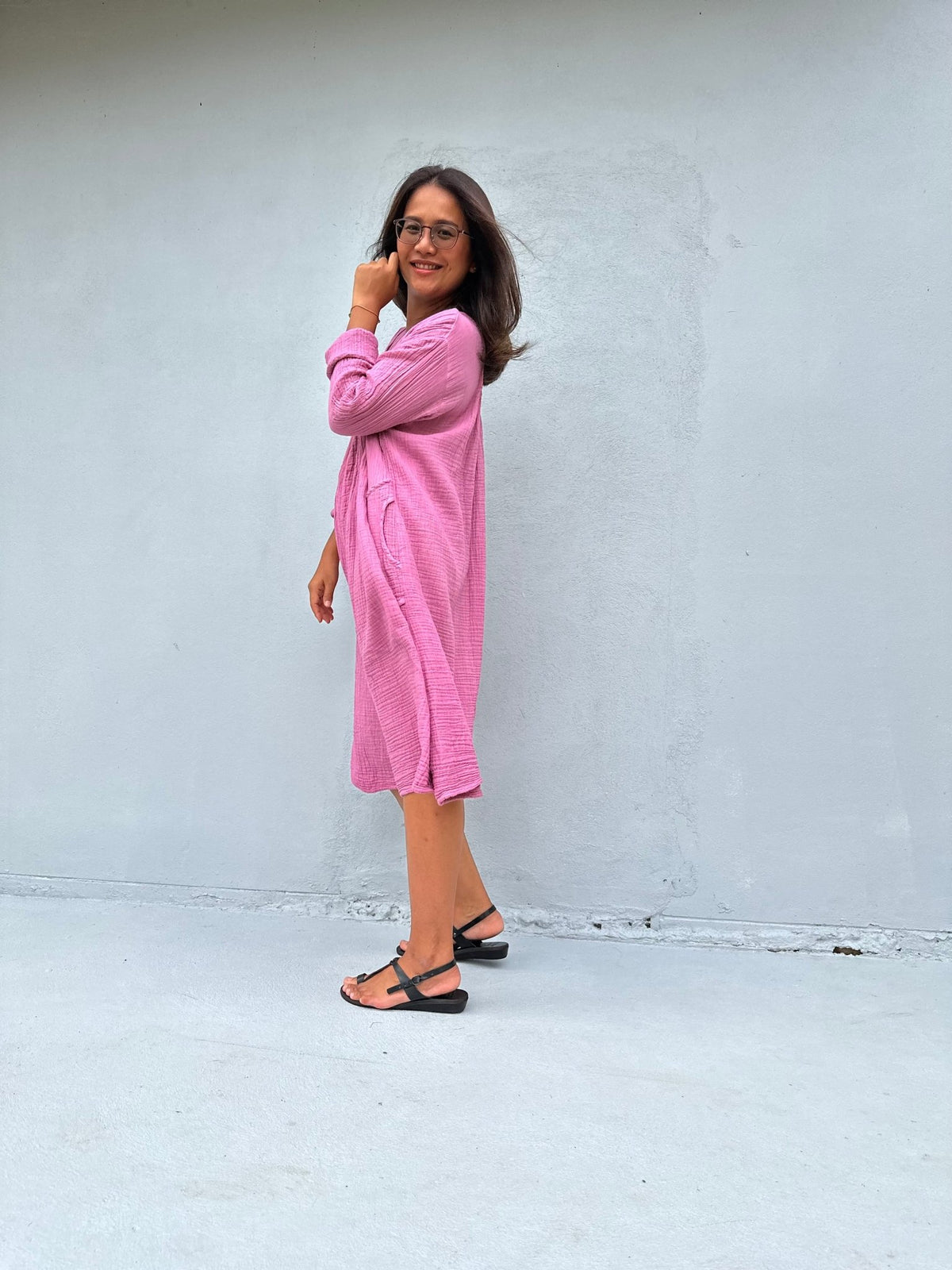 Mala Handworks Bree Double Gauze Cotton Dress in Pink