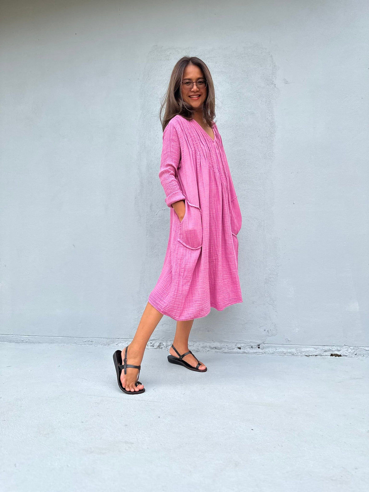 Mala Handworks Bree Double Gauze Cotton Dress in Pink