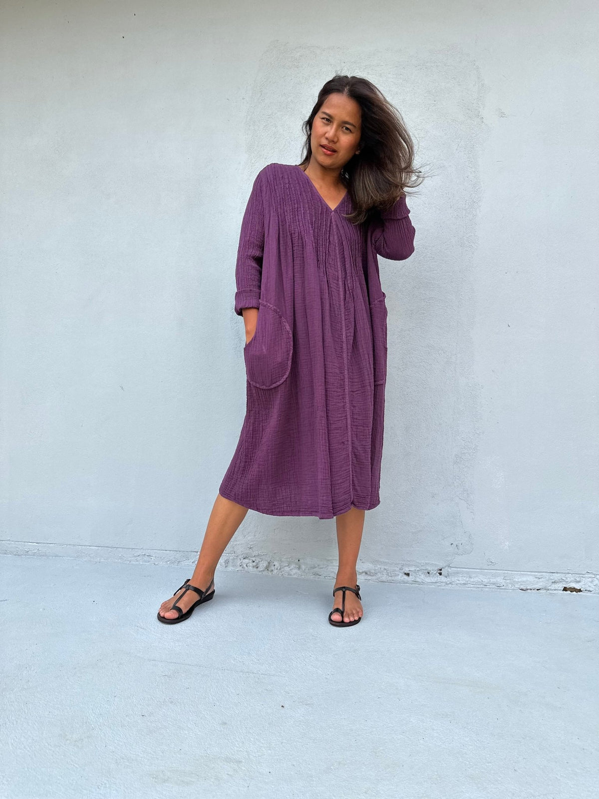Mala Handworks Bree Double Gauze Cotton Dress in Plum