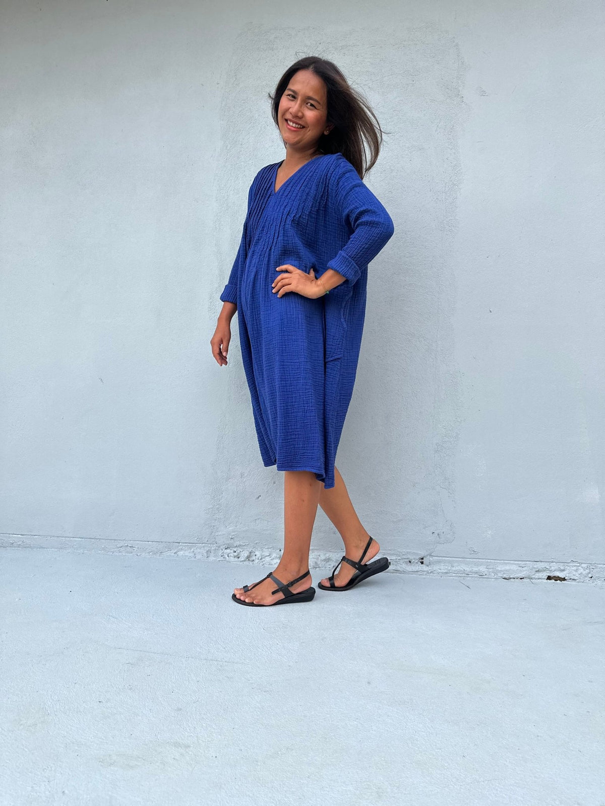 Mala Handworks Bree Double Gauze Cotton Dress in Sapphire