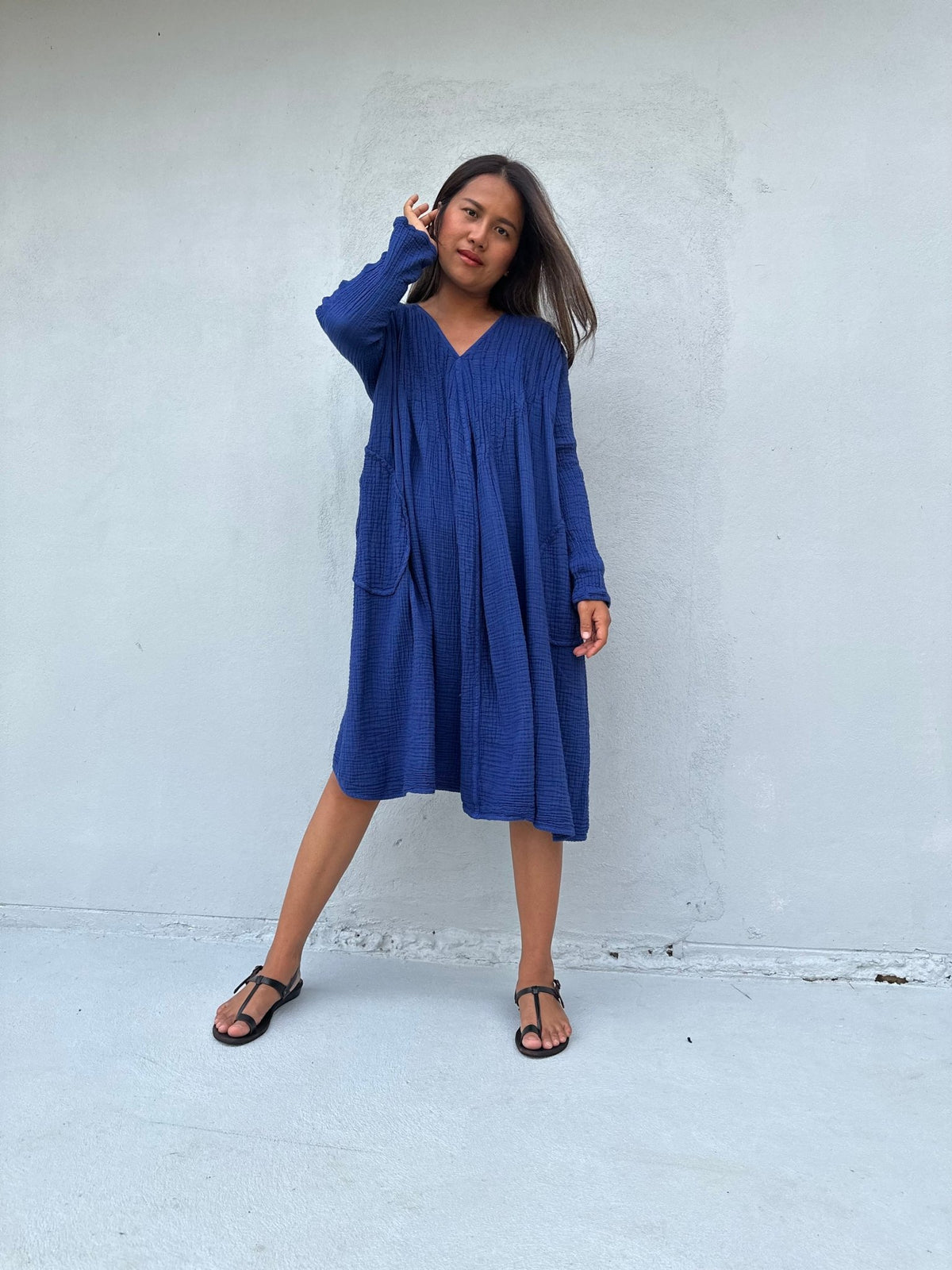 Mala Handworks Bree Double Gauze Cotton Dress in Sapphire