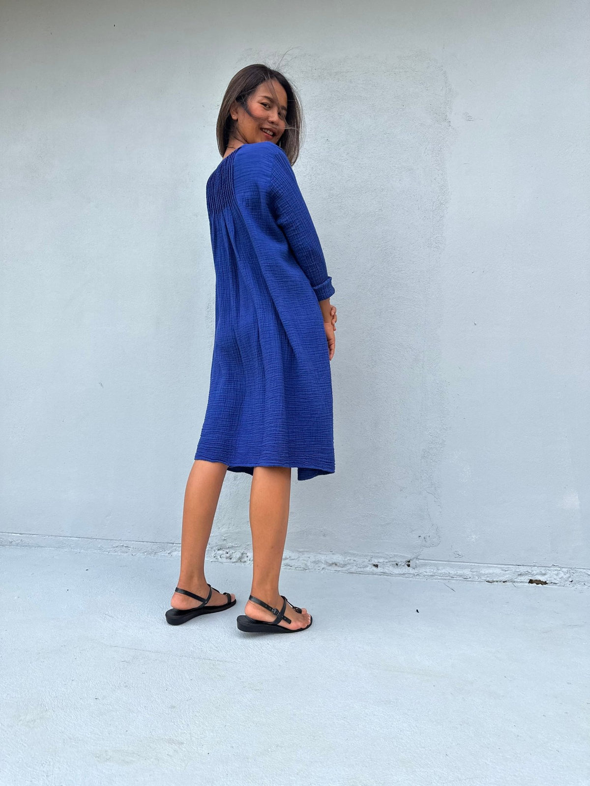 Mala Handworks Bree Double Gauze Cotton Dress in Sapphire