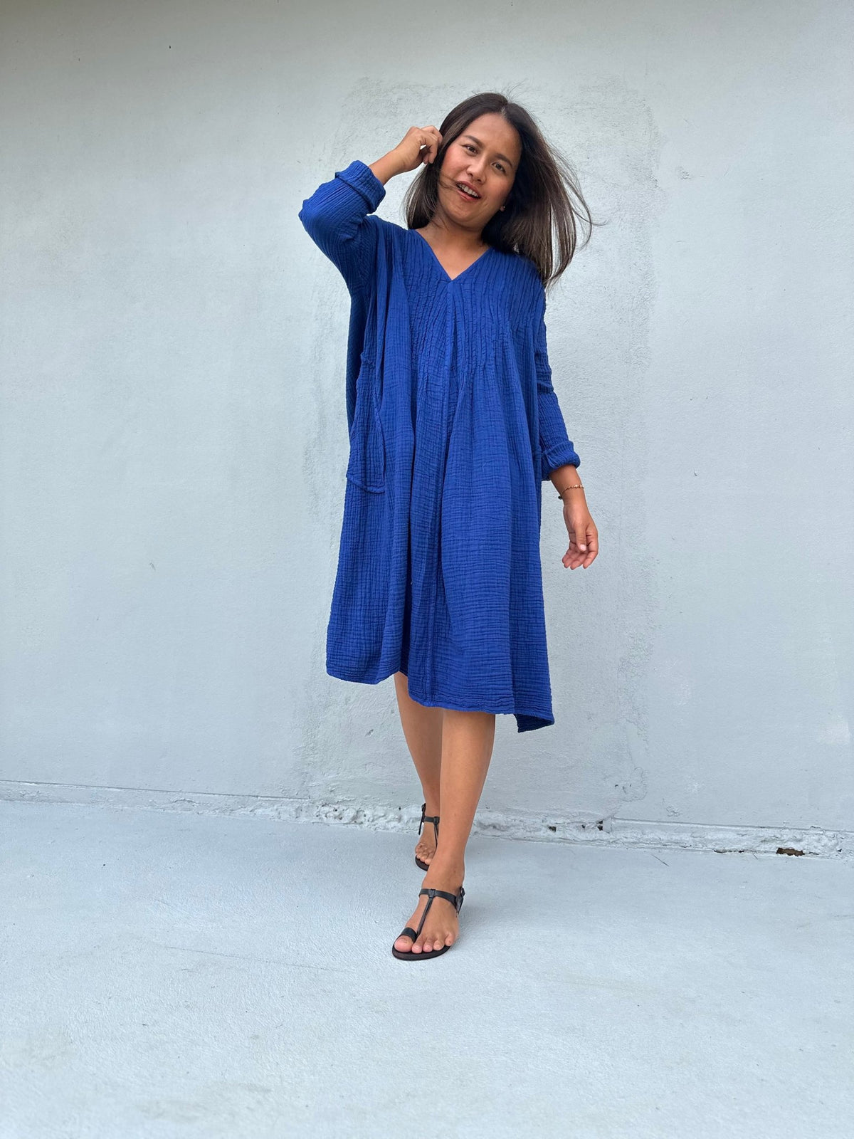 Mala Handworks Bree Double Gauze Cotton Dress in Sapphire