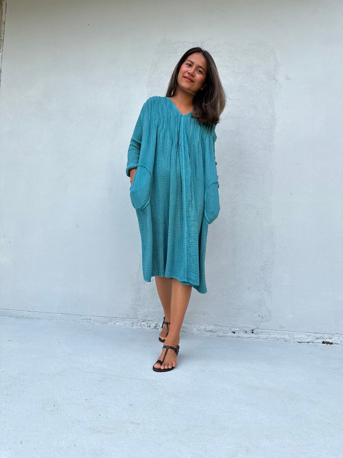 Mala Handworks Bree Double Gauze Cotton Dress in Turquoise