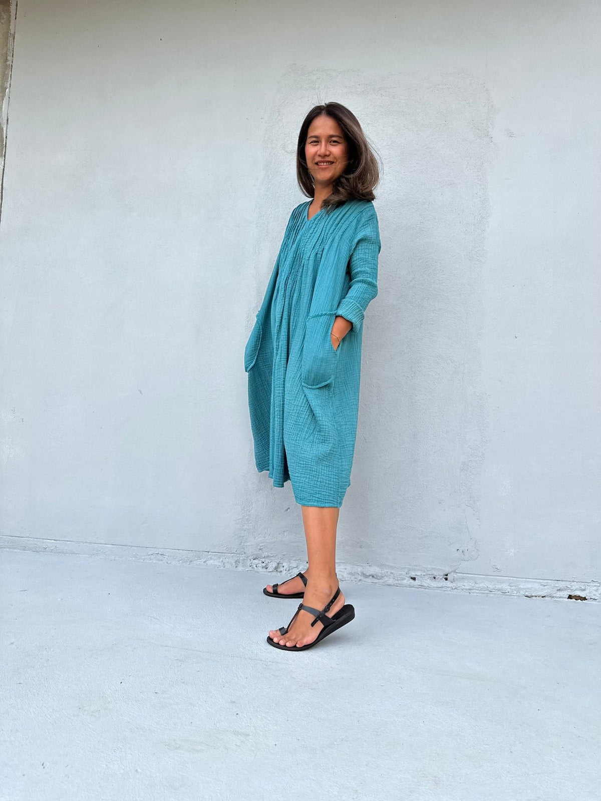 Mala Handworks Bree Double Gauze Cotton Dress in Turquoise
