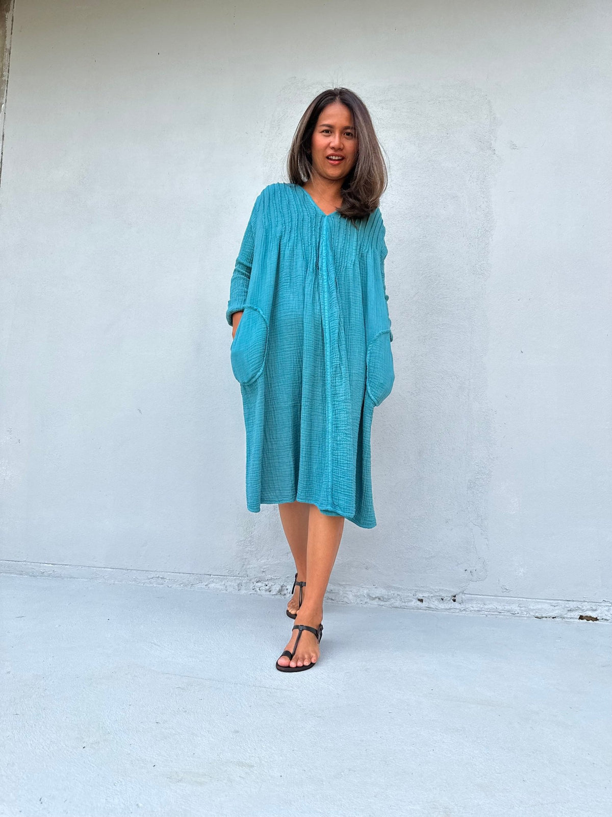 Mala Handworks Bree Double Gauze Cotton Dress in Turquoise