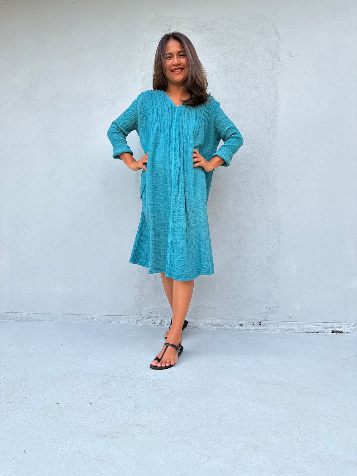 Mala Handworks Bree Double Gauze Cotton Dress in Turquoise