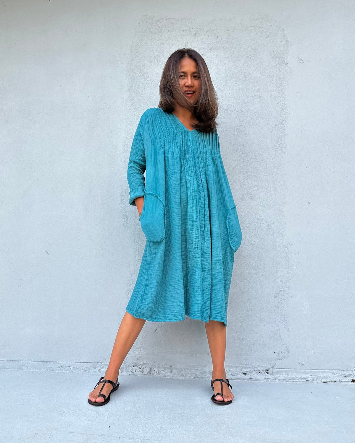 Mala Handworks Bree Double Gauze Cotton Dress in Turquoise
