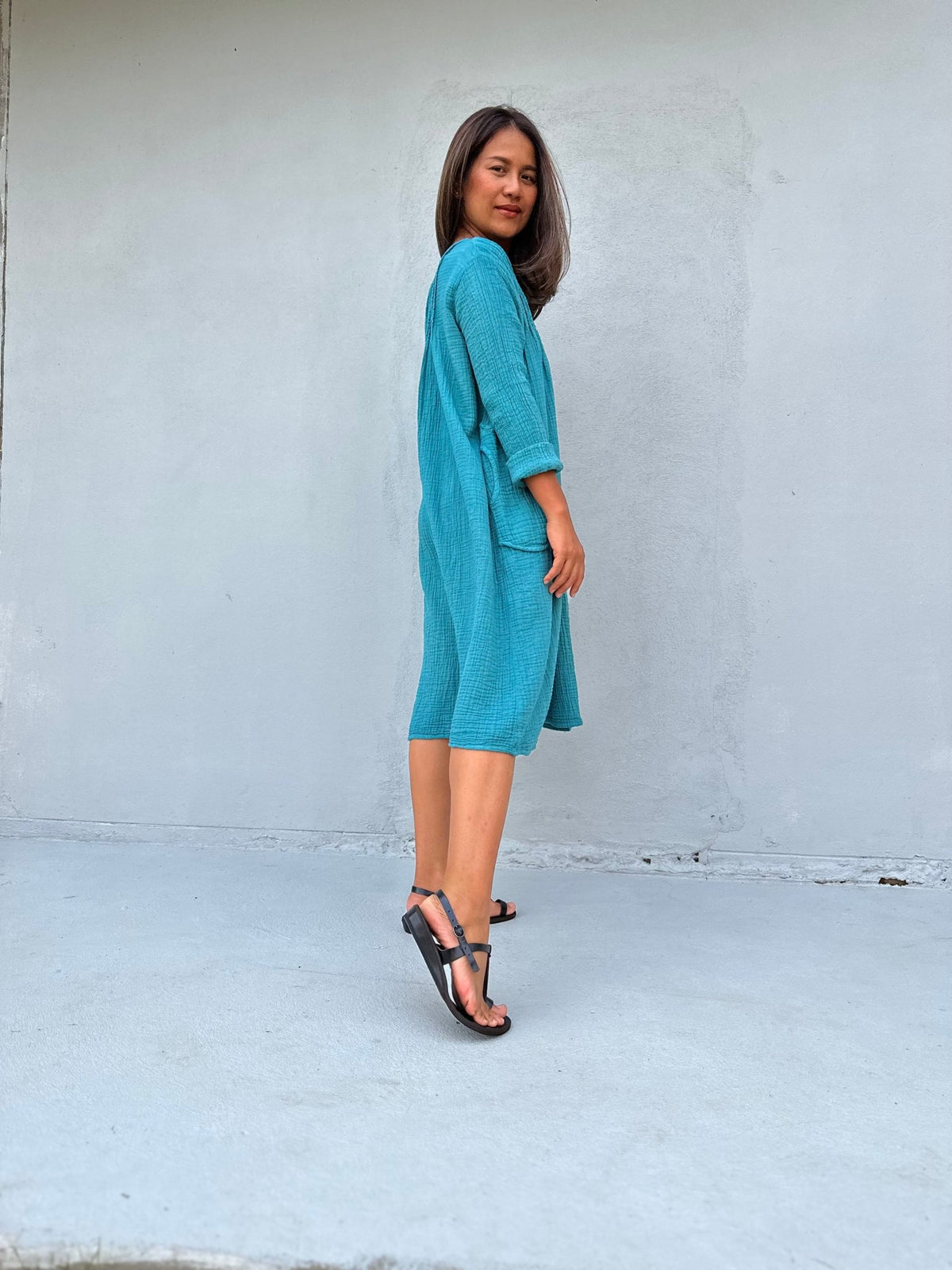 Mala Handworks Bree Double Gauze Cotton Dress in Turquoise