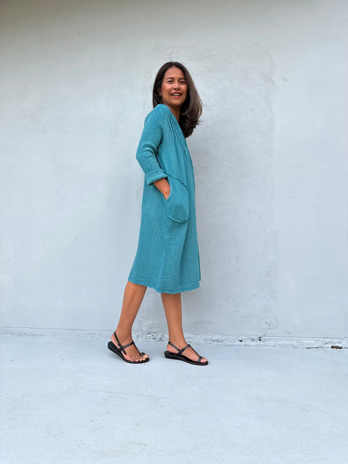 Mala Handworks Bree Double Gauze Cotton Dress in Turquoise
