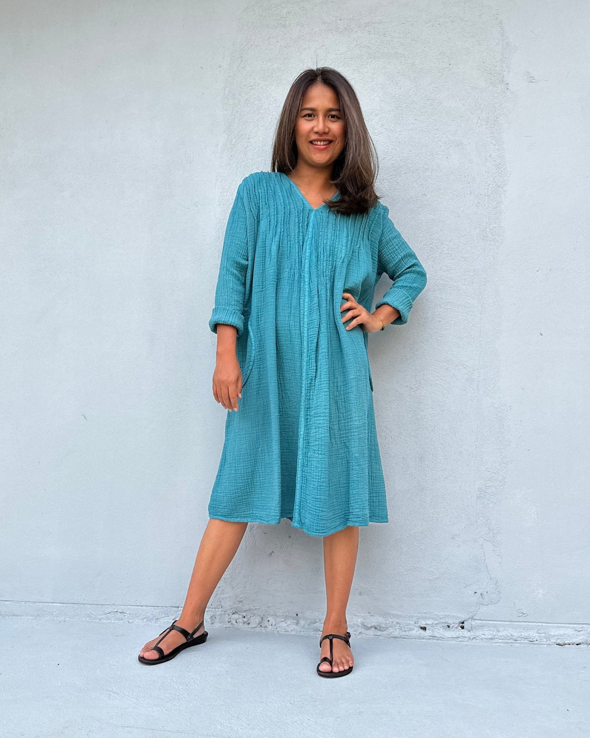Mala Handworks Bree Double Gauze Cotton Dress in Turquoise