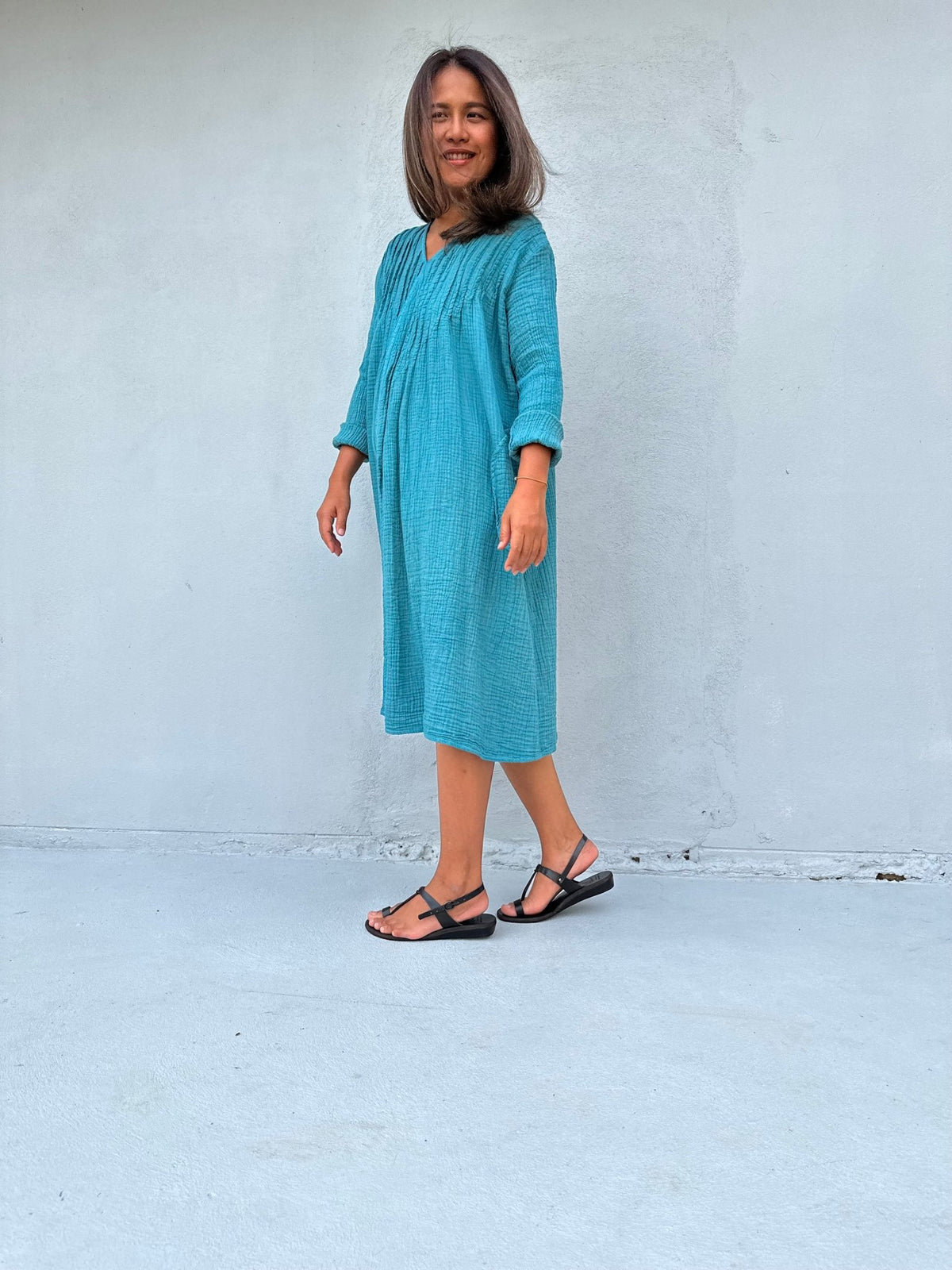 Mala Handworks Bree Double Gauze Cotton Dress in Turquoise
